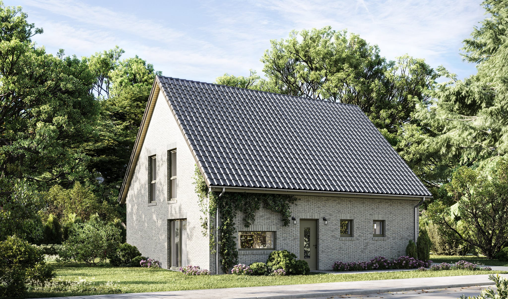 Außenansicht von Haus Nr. 10, einem Kataloghaus mit traditioneller Ziegelfassade und klaren, modernen Linien. Außenansicht von Haus Nr. 10, einem Kataloghaus mit traditioneller Ziegelfassade und klaren, modernen Linien.