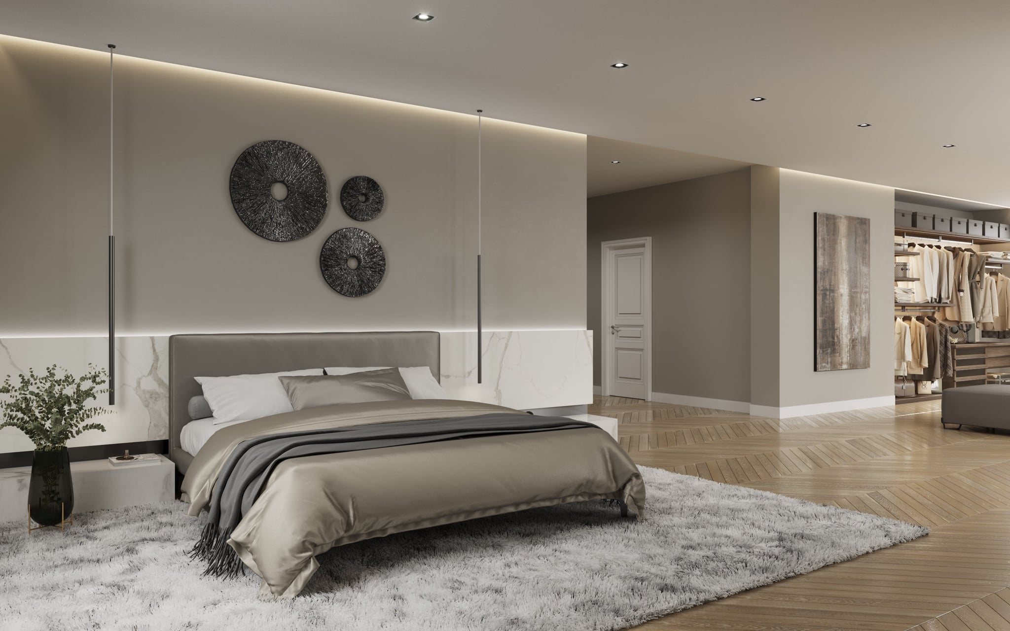 3D Visualisierung des Hauptschlafzimmers mit begehbarem Kleiderschrank in einer renovierten Altbauvilla in Berlin Wannsee, Deutschland 3D Visualisierung des Hauptschlafzimmers mit begehbarem Kleiderschrank in einer renovierten Altbauvilla in Berlin Wannsee, Deutschland