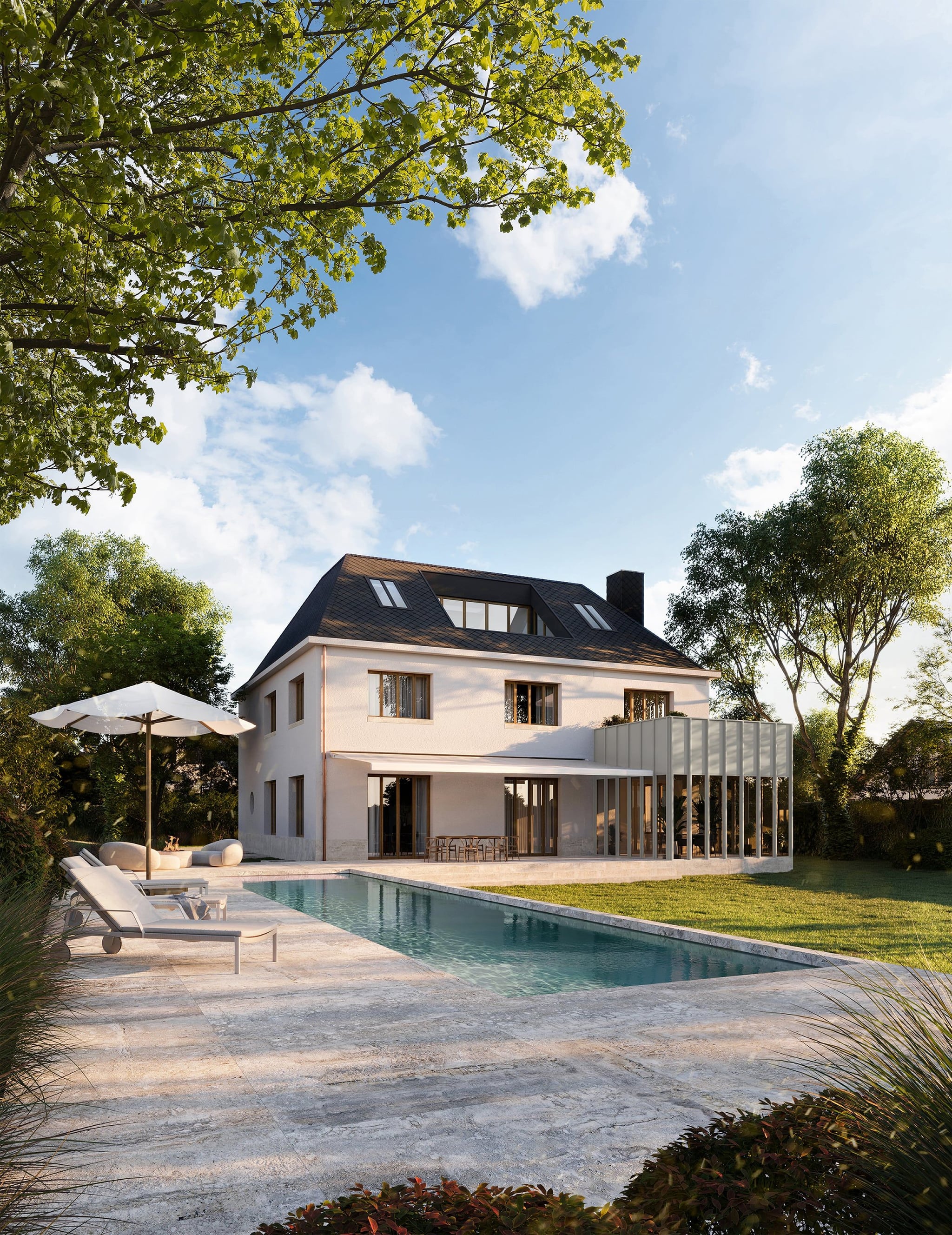 3D Architekturvisualisierung eines privaten, eleganten Hauses mit Pool und Fassadenvarianten 3D Architekturvisualisierung eines privaten, eleganten Hauses mit Pool und Fassadenvarianten