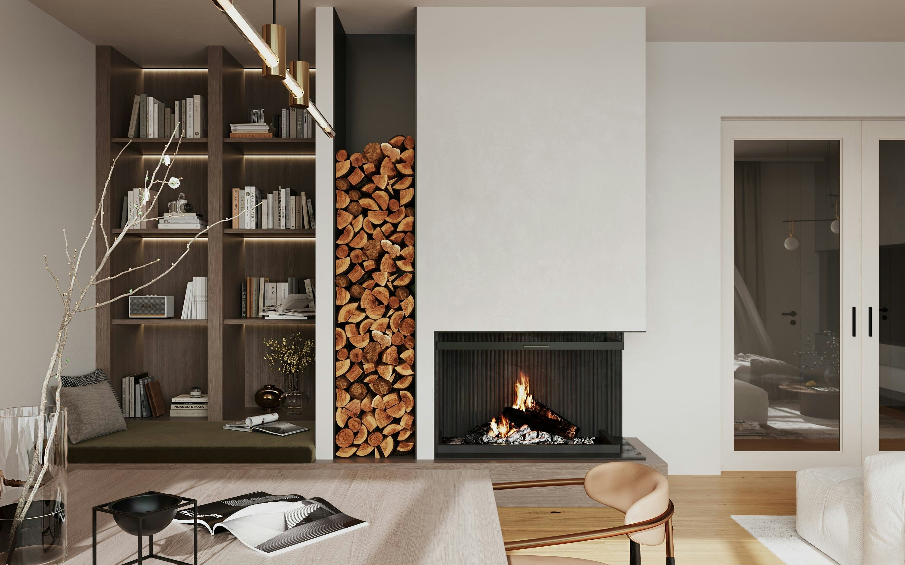 3D Interior Visualization Living room with fireplace Hamburg Germany