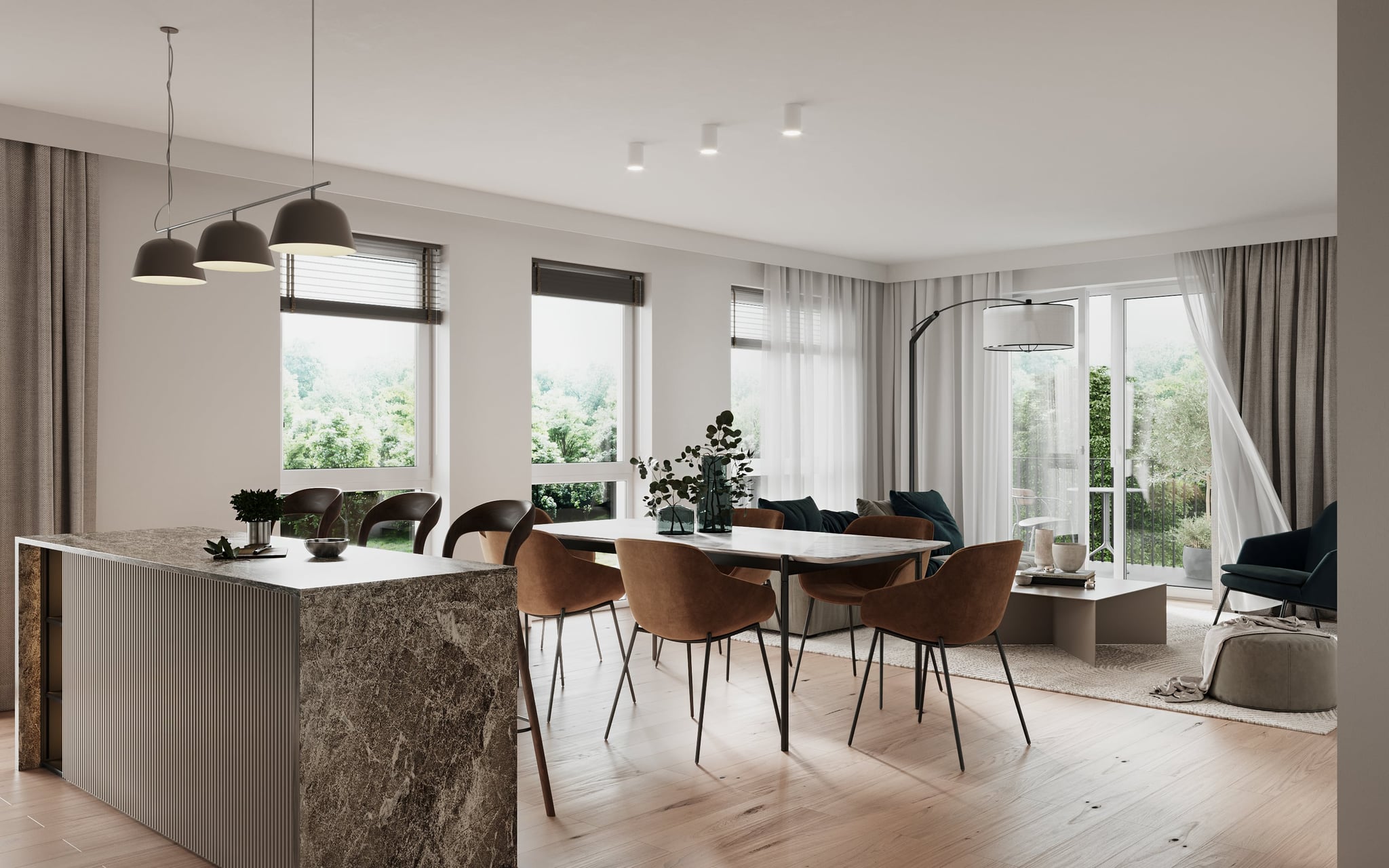 3D Architekturvisualisierung eines Penthouses mit Kücheninsel, Essbereich und Wohnzimmer in der Osdorfer Landstraße Hamburg Deutschland 3D Architekturvisualisierung eines Penthouses mit Kücheninsel, Essbereich und Wohnzimmer in der Osdorfer Landstraße Hamburg Deutschland