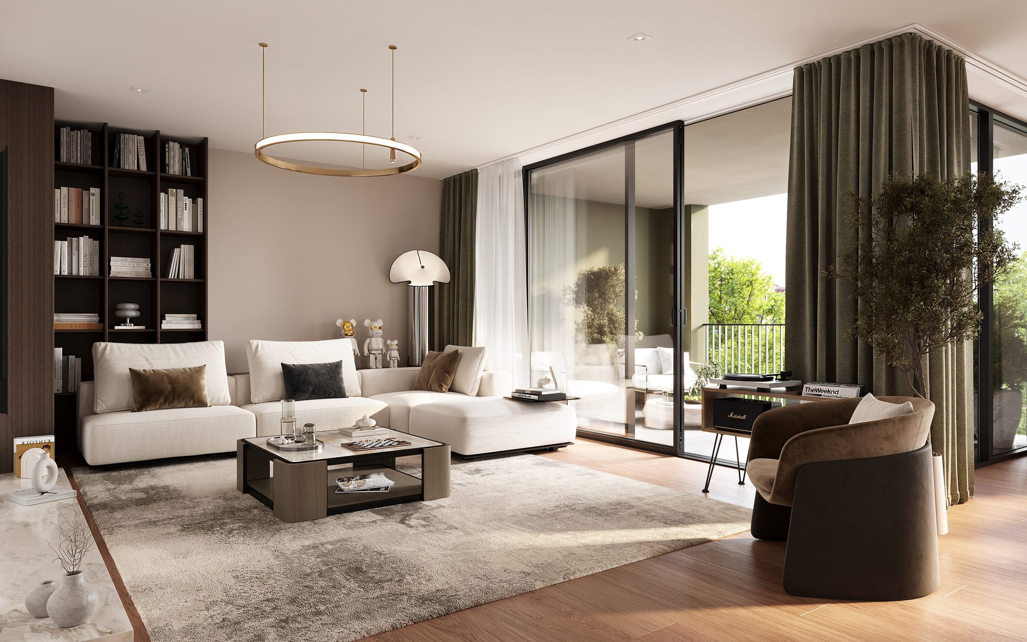 Innenvisualisierung des Wohnzimmers in Aventis Neuenhof mit großzügigem Grundriss, sanften Naturtönen und Zugang zum Balkon mit Gartenblick. Innenvisualisierung des Wohnzimmers in Aventis Neuenhof mit großzügigem Grundriss, sanften Naturtönen und Zugang zum Balkon mit Gartenblick.