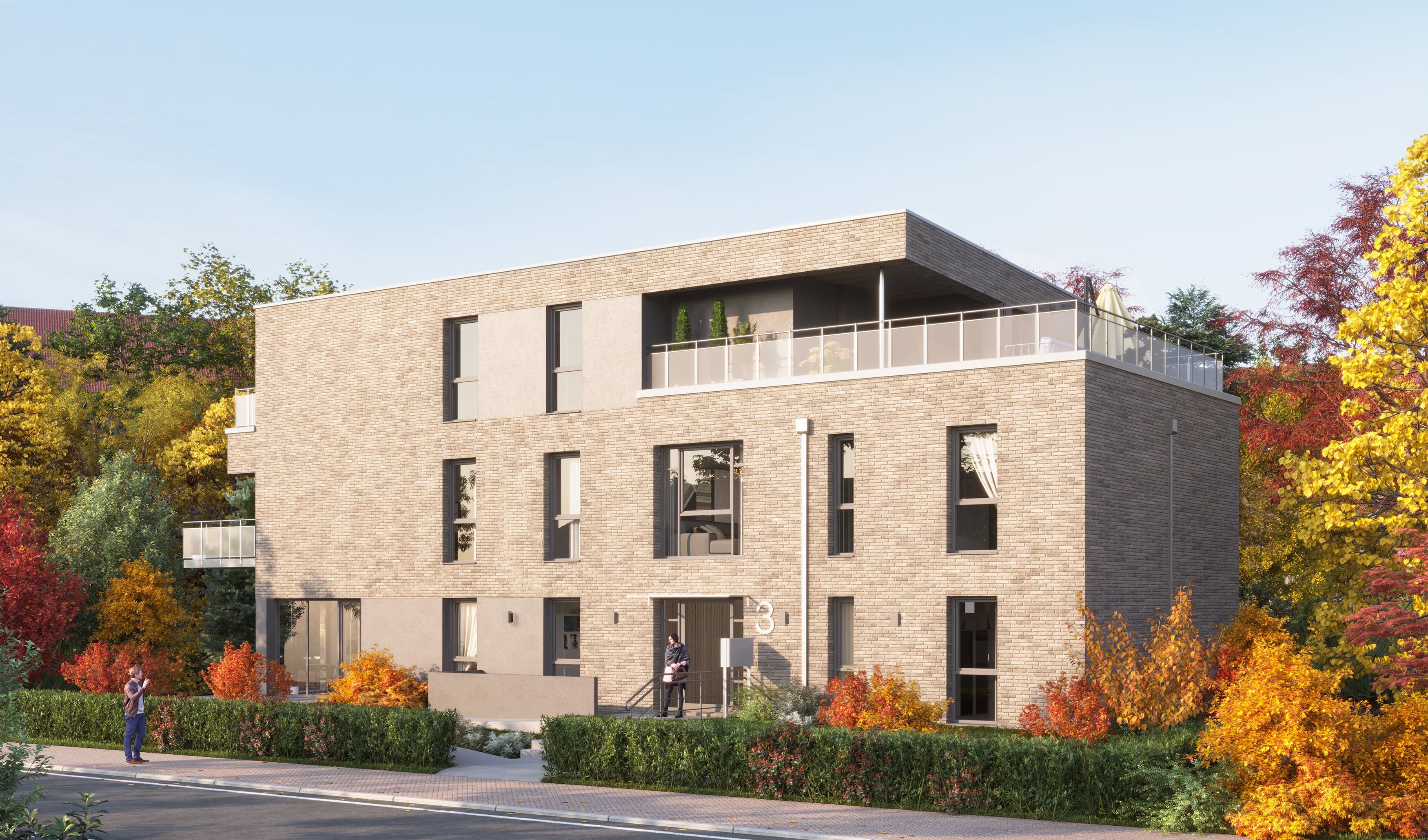 3D Außenvisualisierung eines neuen Mehrfamilienhauses mit Penthouse-Terrasse in Grothwisch Hamburg, Deutschland 3D Außenvisualisierung eines neuen Mehrfamilienhauses mit Penthouse-Terrasse in Grothwisch Hamburg, Deutschland