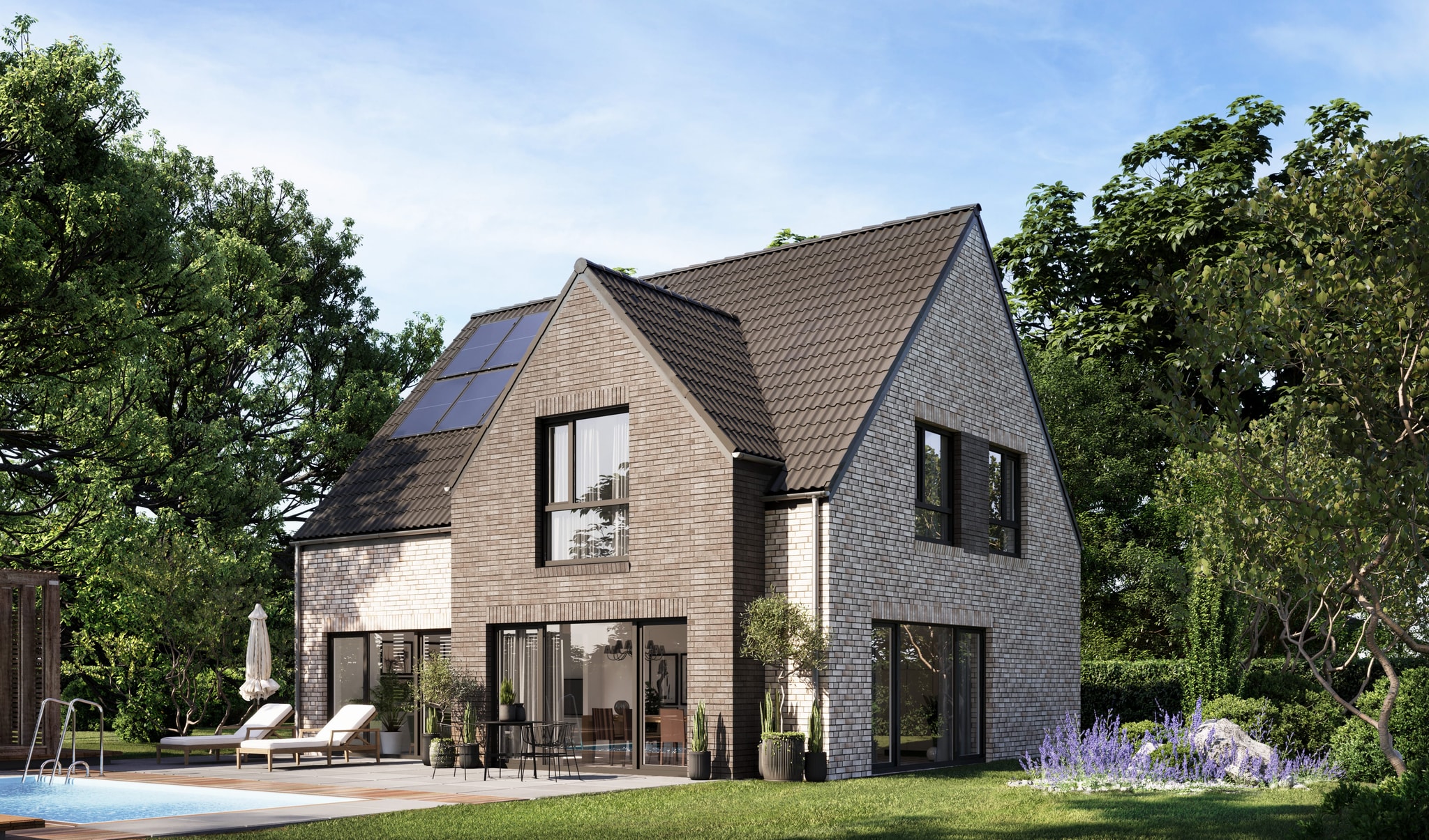 Photorealistic 3D visualization of House Number 8 with a brick facade, pool, and large terrace.