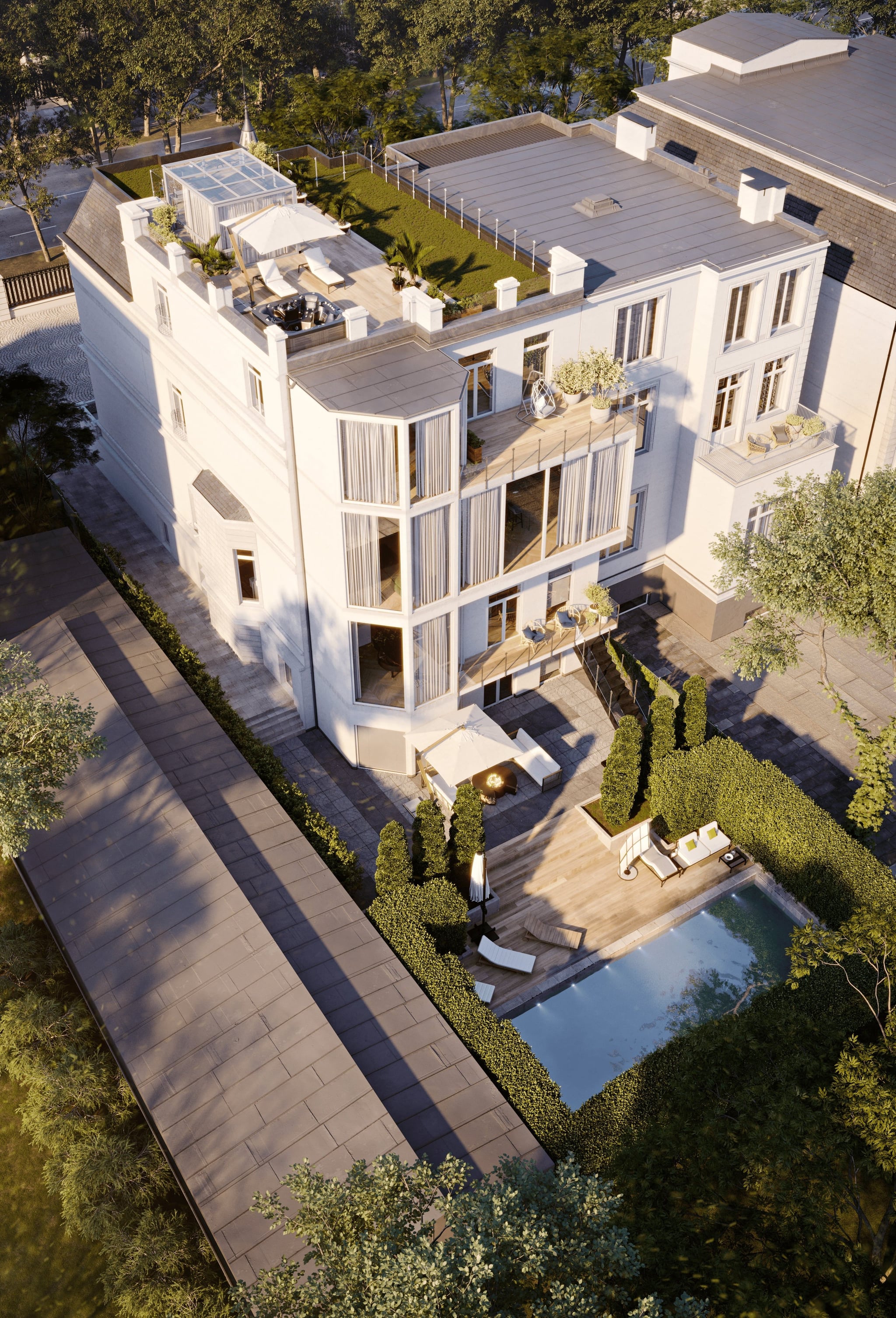 3D Außen Visualisierung einer privaten Villa mit Hinterhof und Pool in Hamburg, Deutschland 3D Außen Visualisierung einer privaten Villa mit Hinterhof und Pool in Hamburg, Deutschland