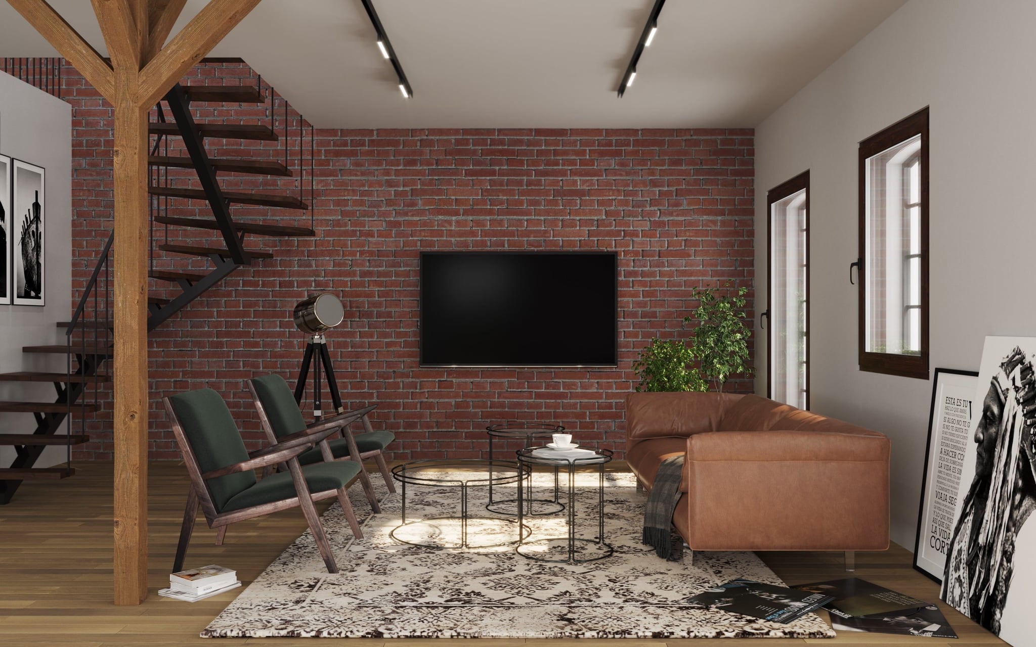 3D Interior Visualization of living room in renovated historical property in loft style, Germany 3D Interior Visualization of living room in renovated historical property in loft style, Germany