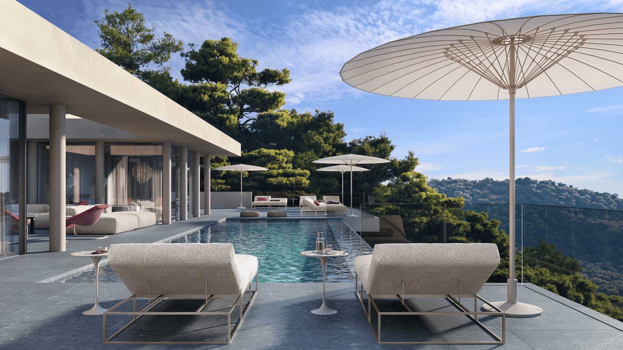 A photorealistic 3D exterior visualization of the CanKoi luxury villa showcasing modern terraces and lush surroundings. A photorealistic 3D exterior visualization of the CanKoi luxury villa showcasing modern terraces and lush surroundings.