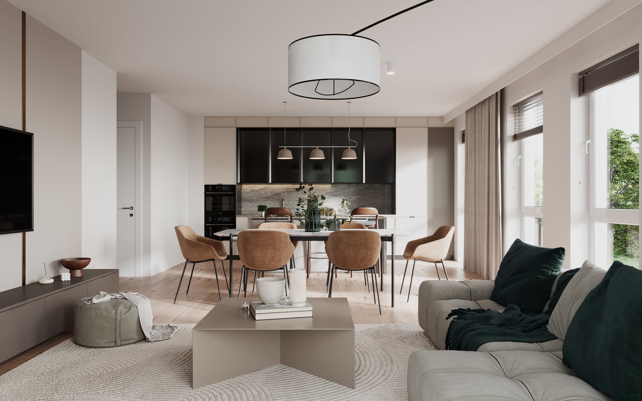 3D Innenvisualisierung eines Wohnzimmers mit Küche, Essbereich und Kücheninsel in der Osdorfer Landstraße Hamburg Deutschland 3D Innenvisualisierung eines Wohnzimmers mit Küche, Essbereich und Kücheninsel in der Osdorfer Landstraße Hamburg Deutschland