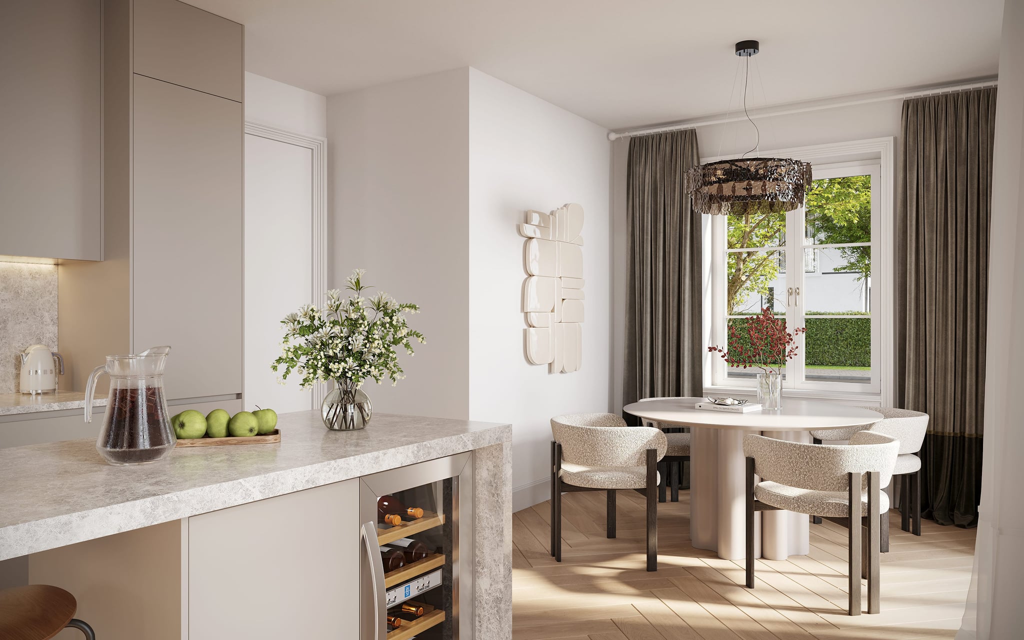 Elegant dining area with rounded table, boucle chairs, and designer chandelier in a light-filled room with large window and taupe curtains. Elegant dining area with rounded table, boucle chairs, and designer chandelier in a light-filled room with large window and taupe curtains.