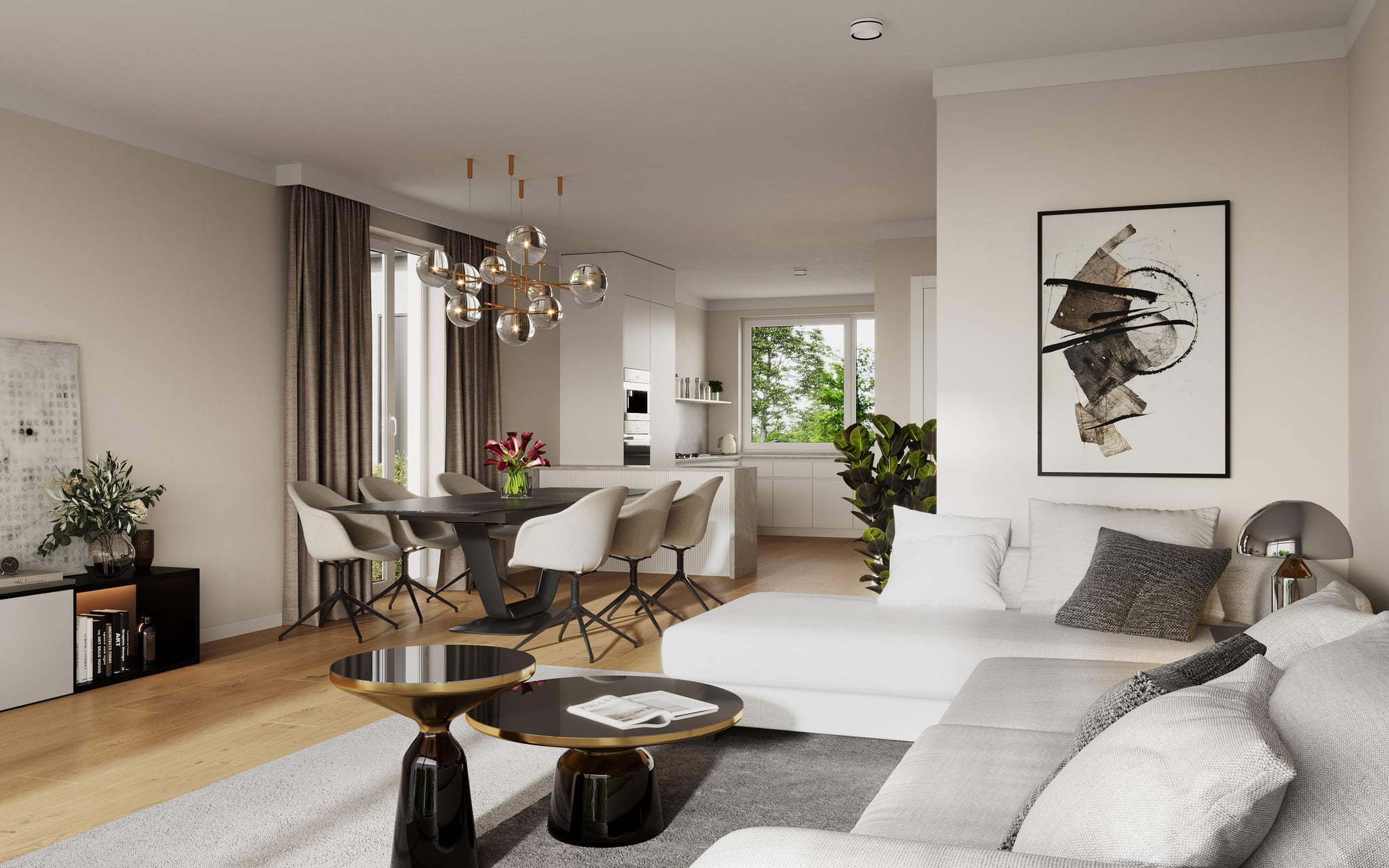 3D Interior visualization of the living room with dining area and kitchen in townhouse in Bahnstrasse Munich Germany 3D Interior visualization of the living room with dining area and kitchen in townhouse in Bahnstrasse Munich Germany