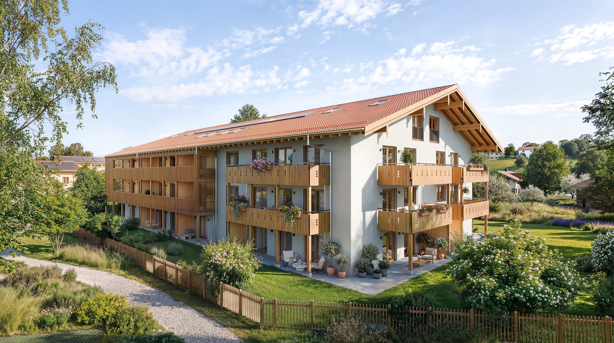 Zenznhof in Amerang: Außenvisualisierung mit Lärchenholzfassade und privaten Gärten