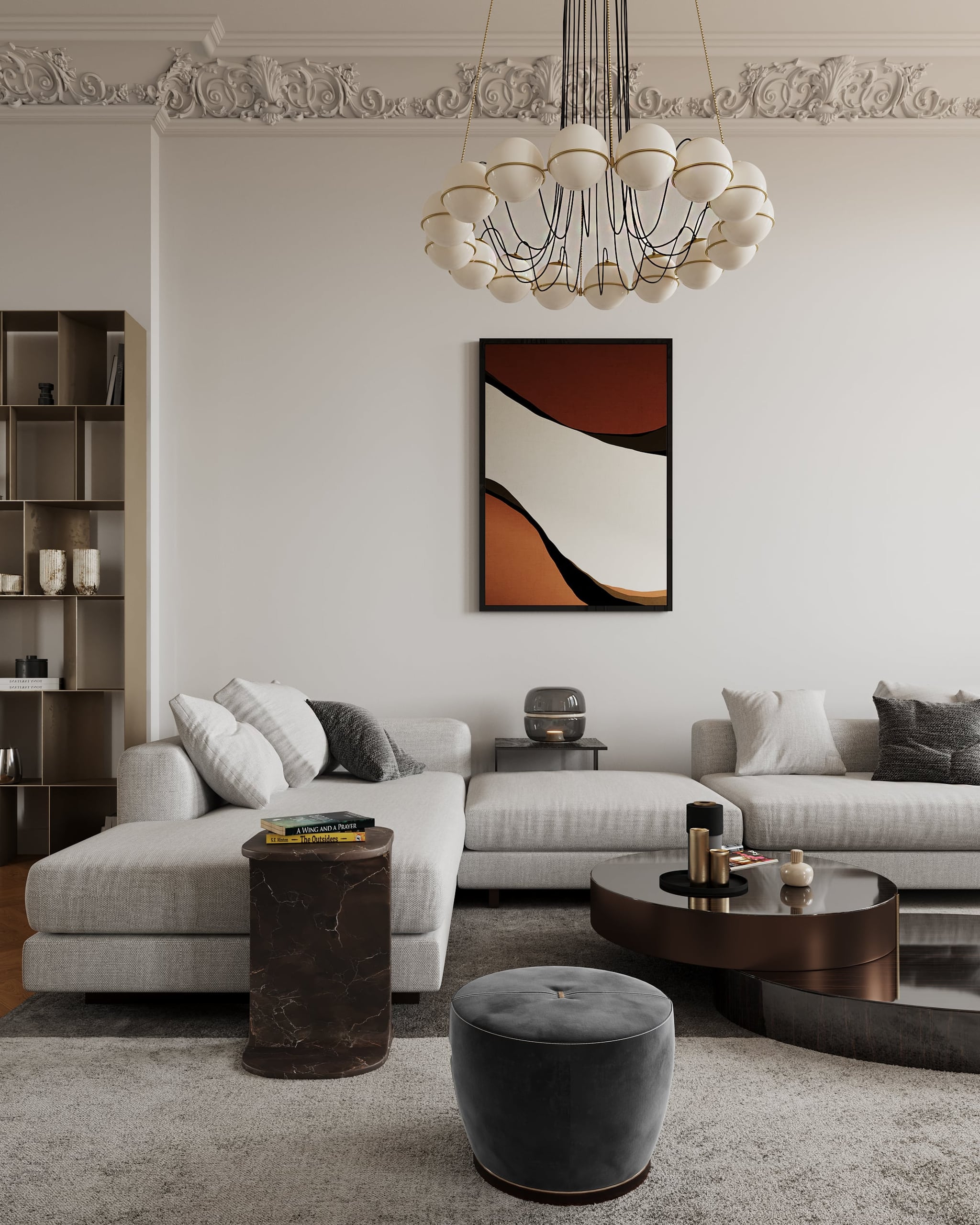 3D Visualization of the living room in renovated historical apartment in Fliederstrasse, Hamburg 3D Visualization of the living room in renovated historical apartment in Fliederstrasse, Hamburg