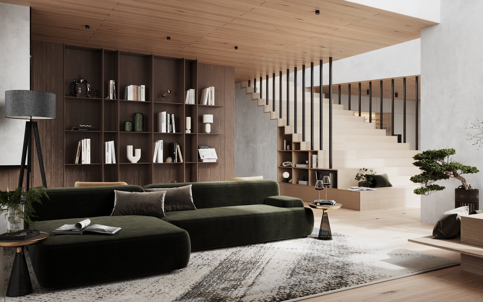 3D architectural visualization of Living room with staircase in one family house Berlin, Germnay 3D architectural visualization of Living room with staircase in one family house Berlin, Germnay