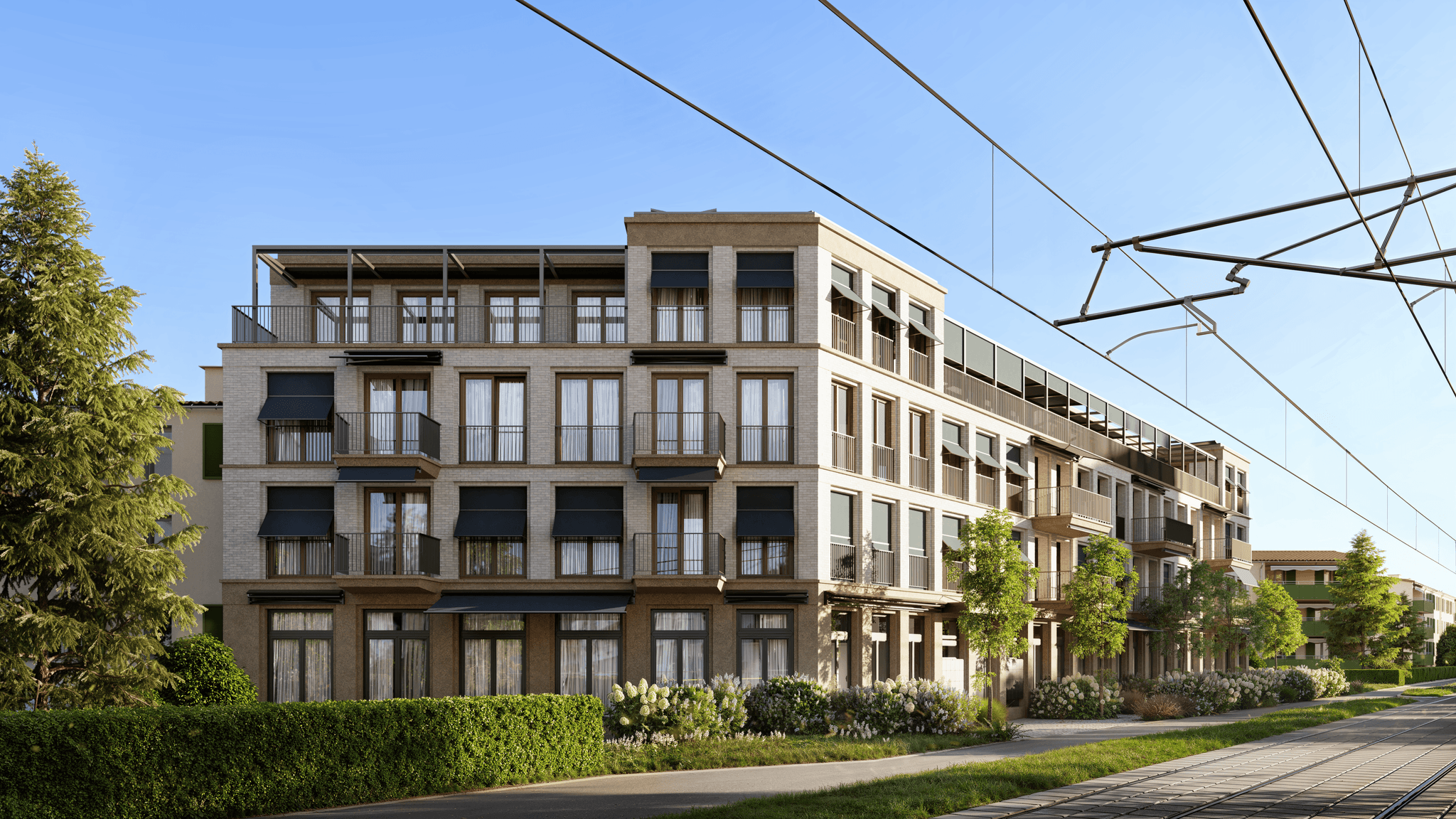 Eine fotorealistische Darstellung der Wohnanlage Winter in Zürich mit moderner Fassade, großzügigen Balkonen und hellen Backsteinen, umgeben von Straßenbahnschienen und Grünflächen.