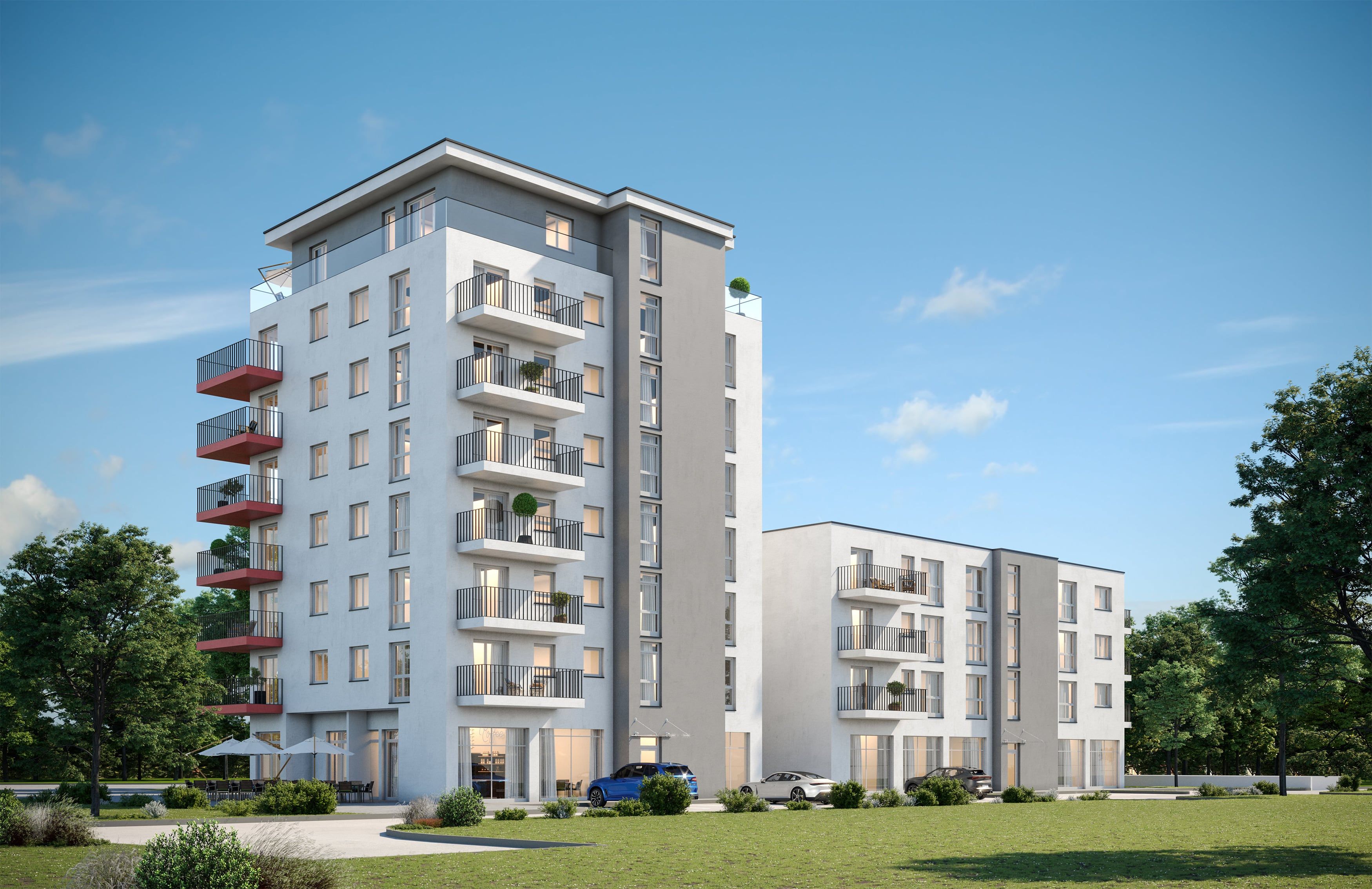 3D Außen Architektur Visualisierung eines Mehrfamilienhauses mit Büroräumen und Café in Künzelsau, Deutschland 3D Außen Architektur Visualisierung eines Mehrfamilienhauses mit Büroräumen und Café in Künzelsau, Deutschland