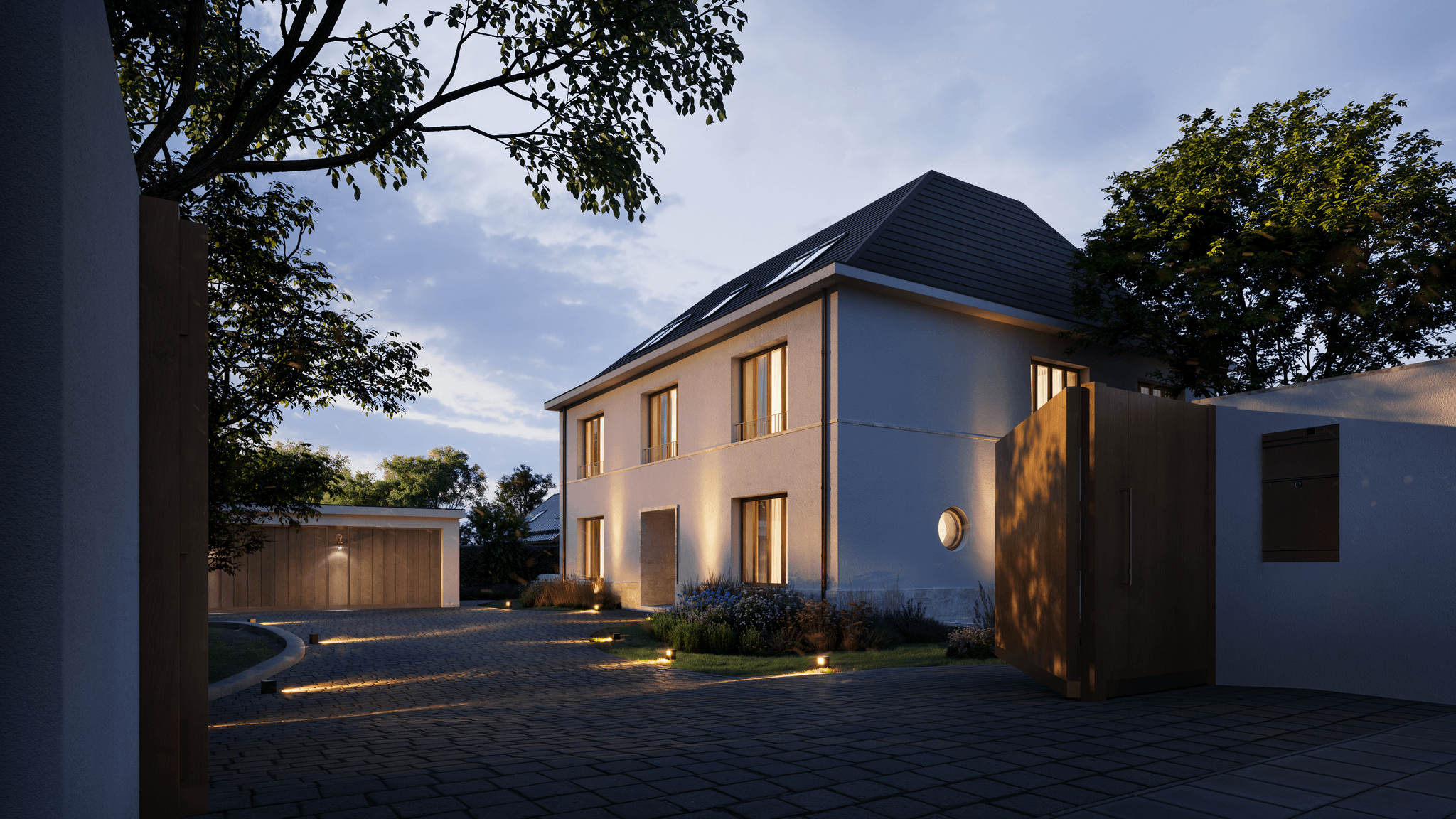 3D Architekturvisualisierung eines privaten, eleganten Hauses mit Pool und Fassadenvarianten