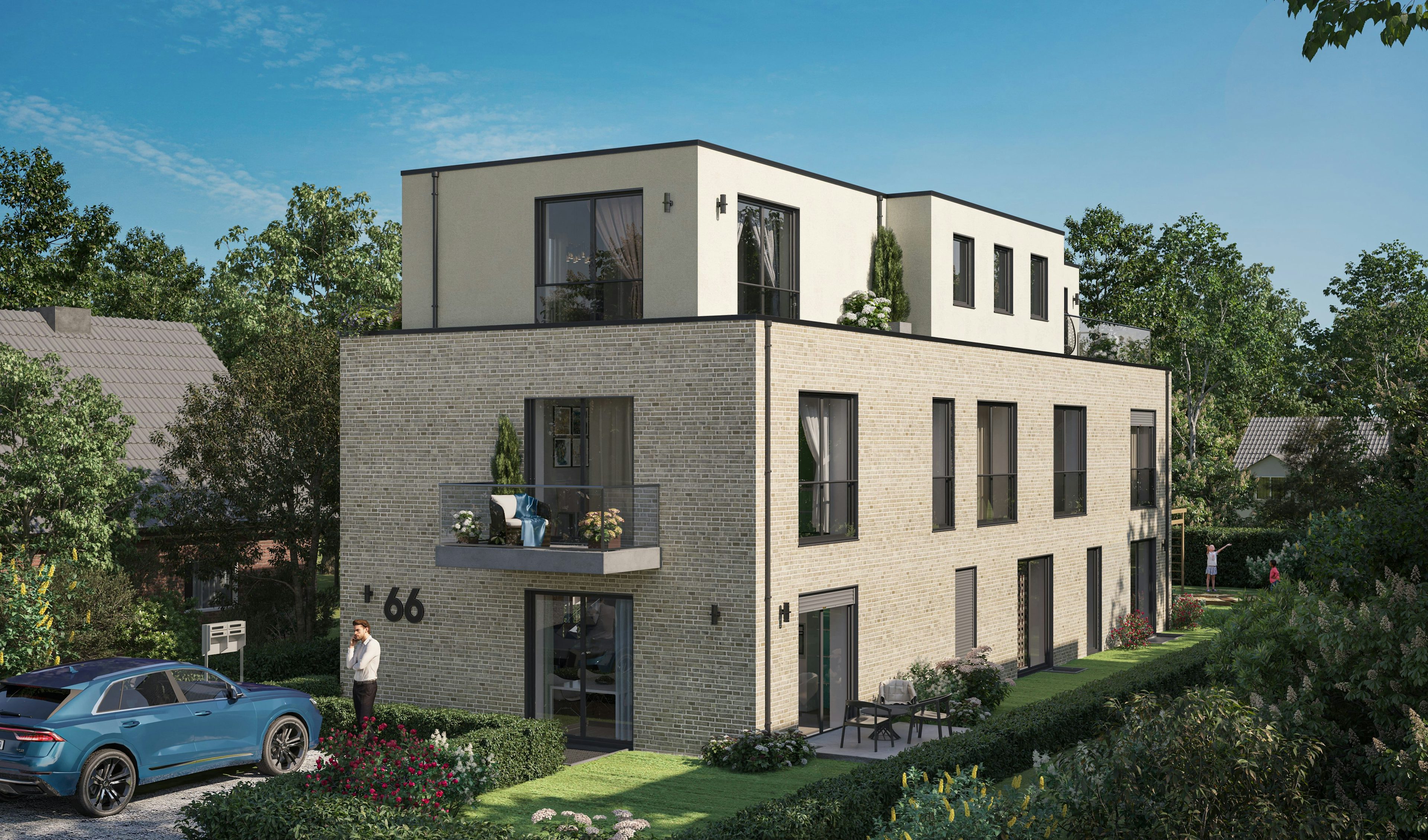 3D Exterior Visualization multi family house with backyard Hamburg Germany