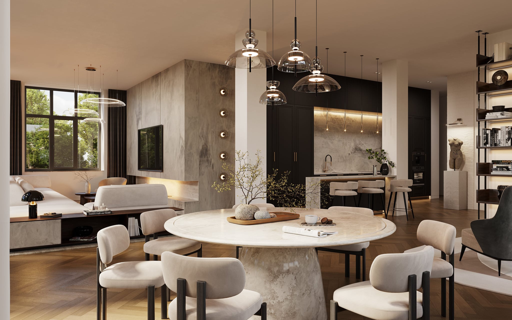 3D rendering of a living room interior in the Kreuzgasse multifamily housing project, featuring modern furnishings and large windows with natural light. 3D rendering of a living room interior in the Kreuzgasse multifamily housing project, featuring modern furnishings and large windows with natural light.
