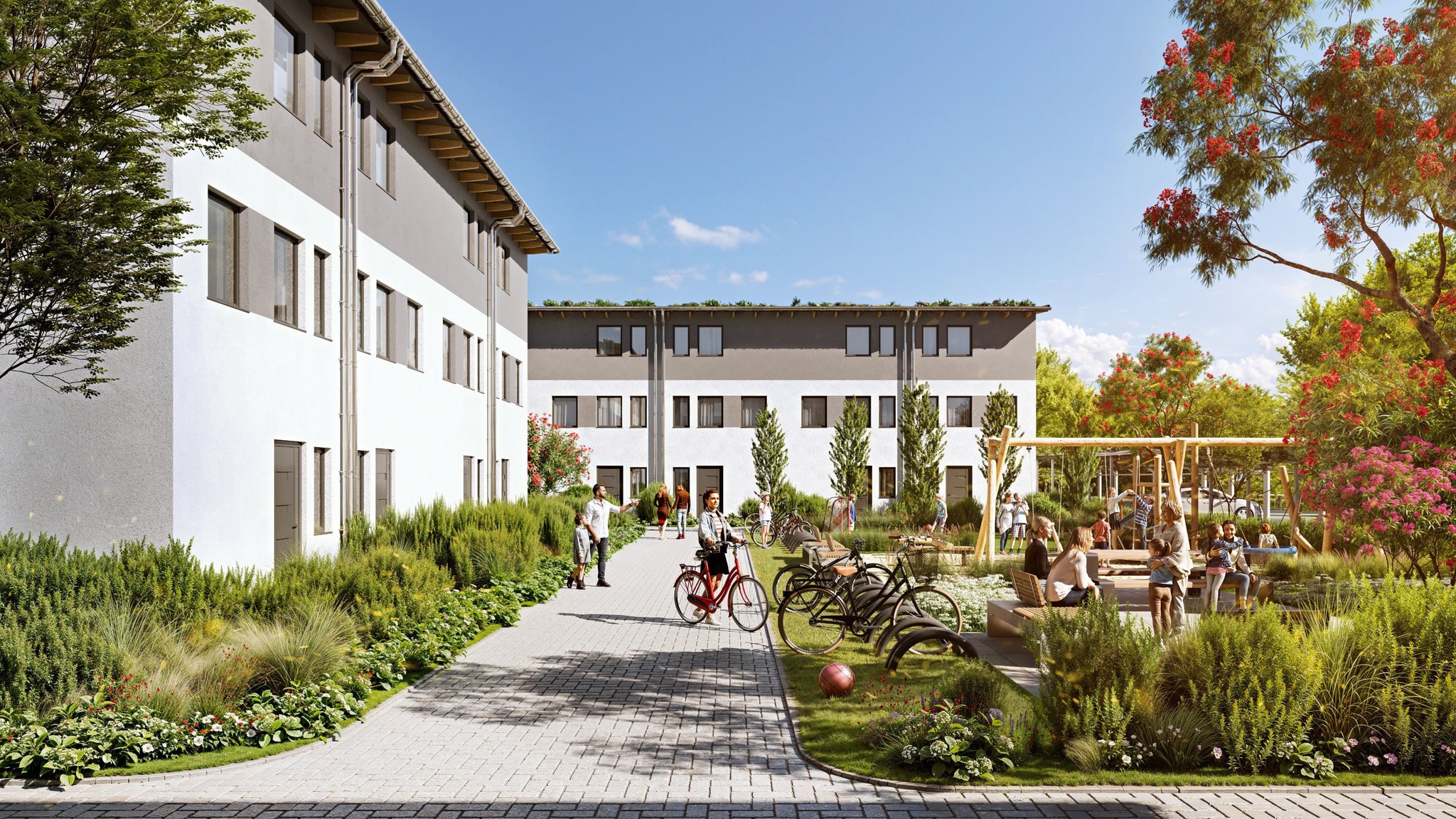 Exterior visualization of the Humboldtstraße project in Werl with modern residential buildings, green areas, and communal spaces.