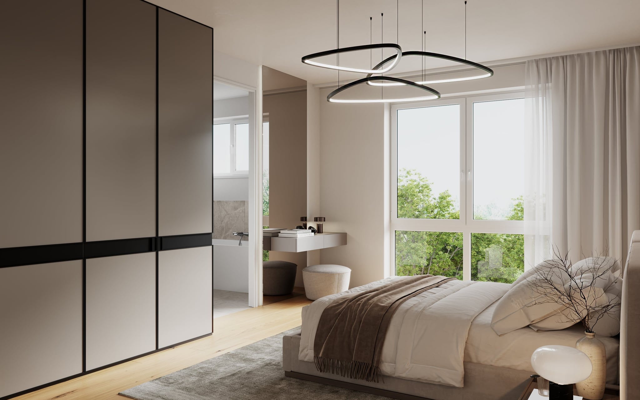 3D Interior Visualization of master bedroom with access to master bathroom in apartment in new house in Othmarscher Kirchenweg Hamburg, Germany 3D Interior Visualization of master bedroom with access to master bathroom in apartment in new house in Othmarscher Kirchenweg Hamburg, Germany