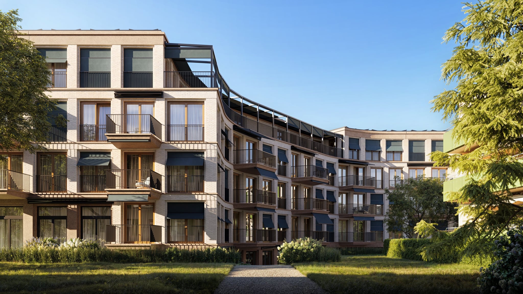 3D Architectural Exterior Visualization of the newly built multi family house with yard in Zurich Switzerland