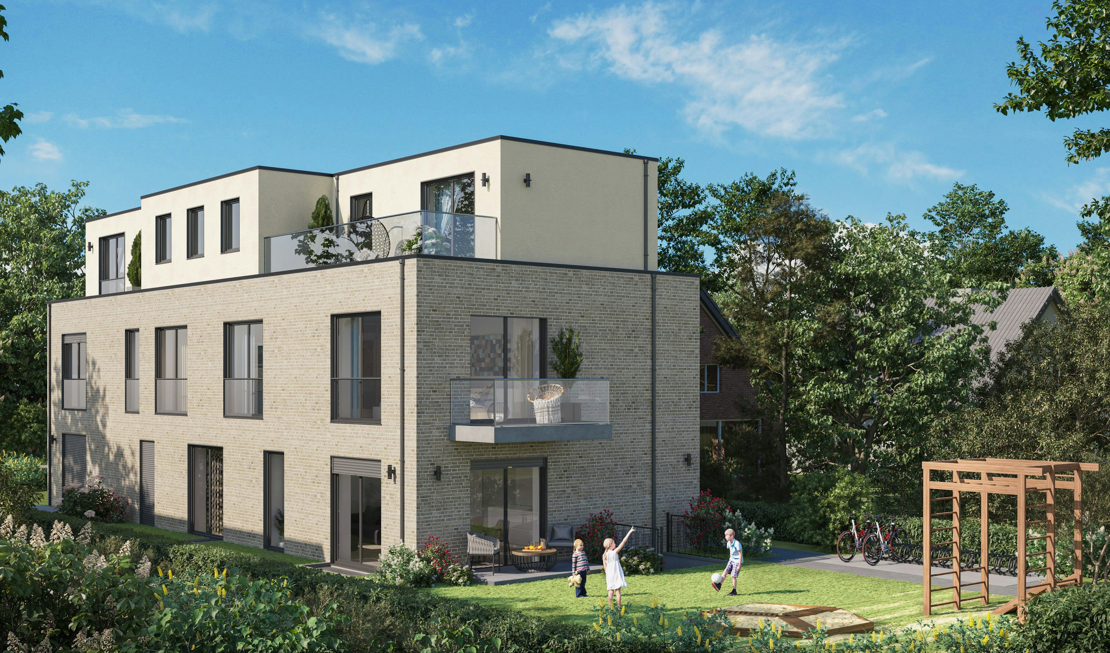 3D Außenvisualisierung Mehrfamilienhaus mit Hinterhof und Terrassen Hamburg Deutschland
