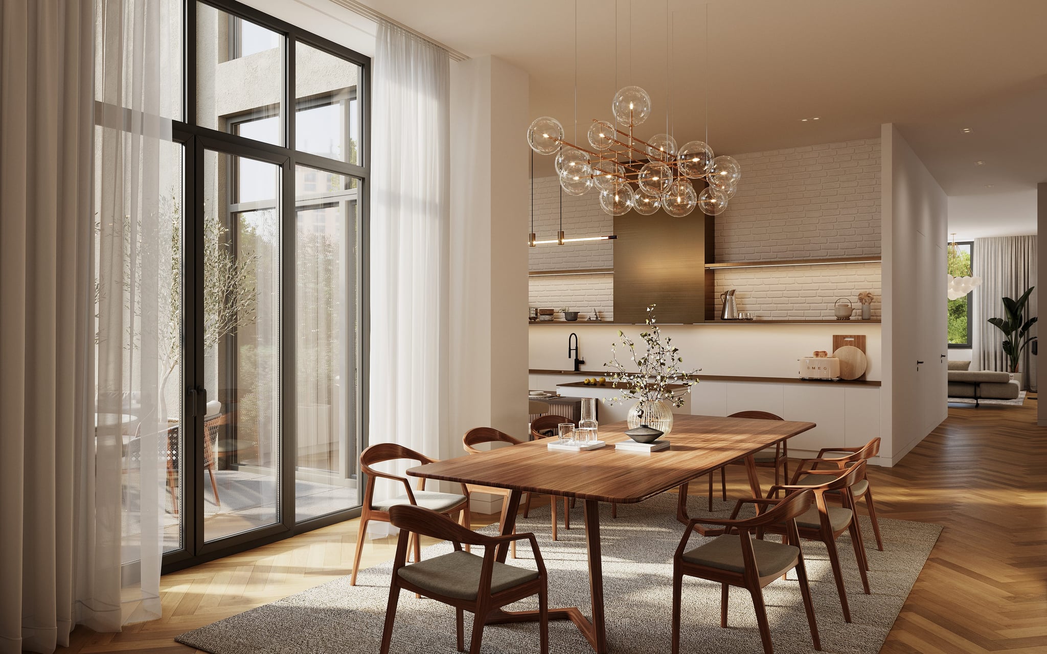 3D rendering of a living room interior in the Kreuzgasse multifamily housing project, featuring modern furnishings and large windows with natural light. 3D rendering of a living room interior in the Kreuzgasse multifamily housing project, featuring modern furnishings and large windows with natural light.
