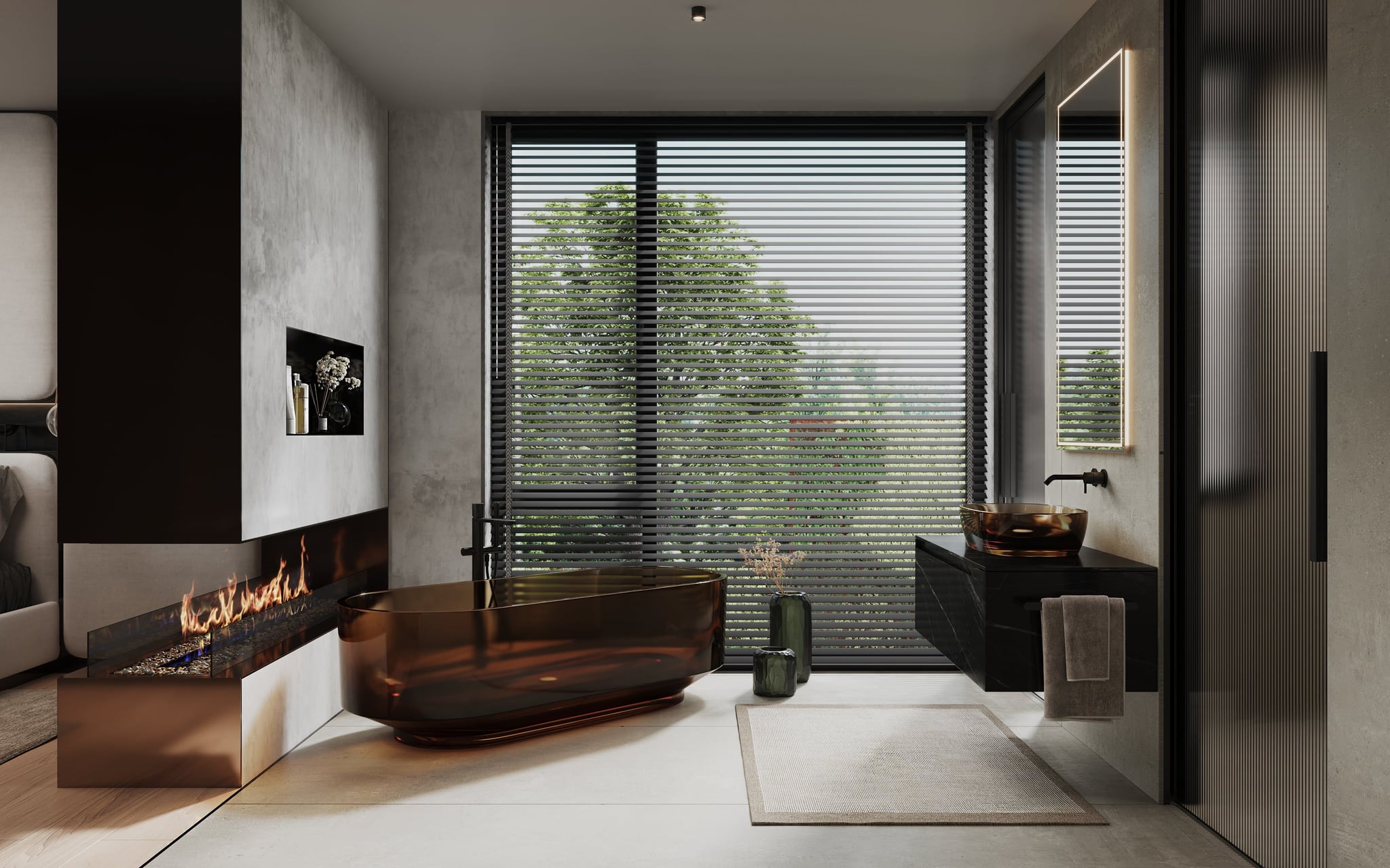 3D Interior Visualization of bathroom with fireplace in one family house Berlin, Germnay 3D Interior Visualization of bathroom with fireplace in one family house Berlin, Germnay