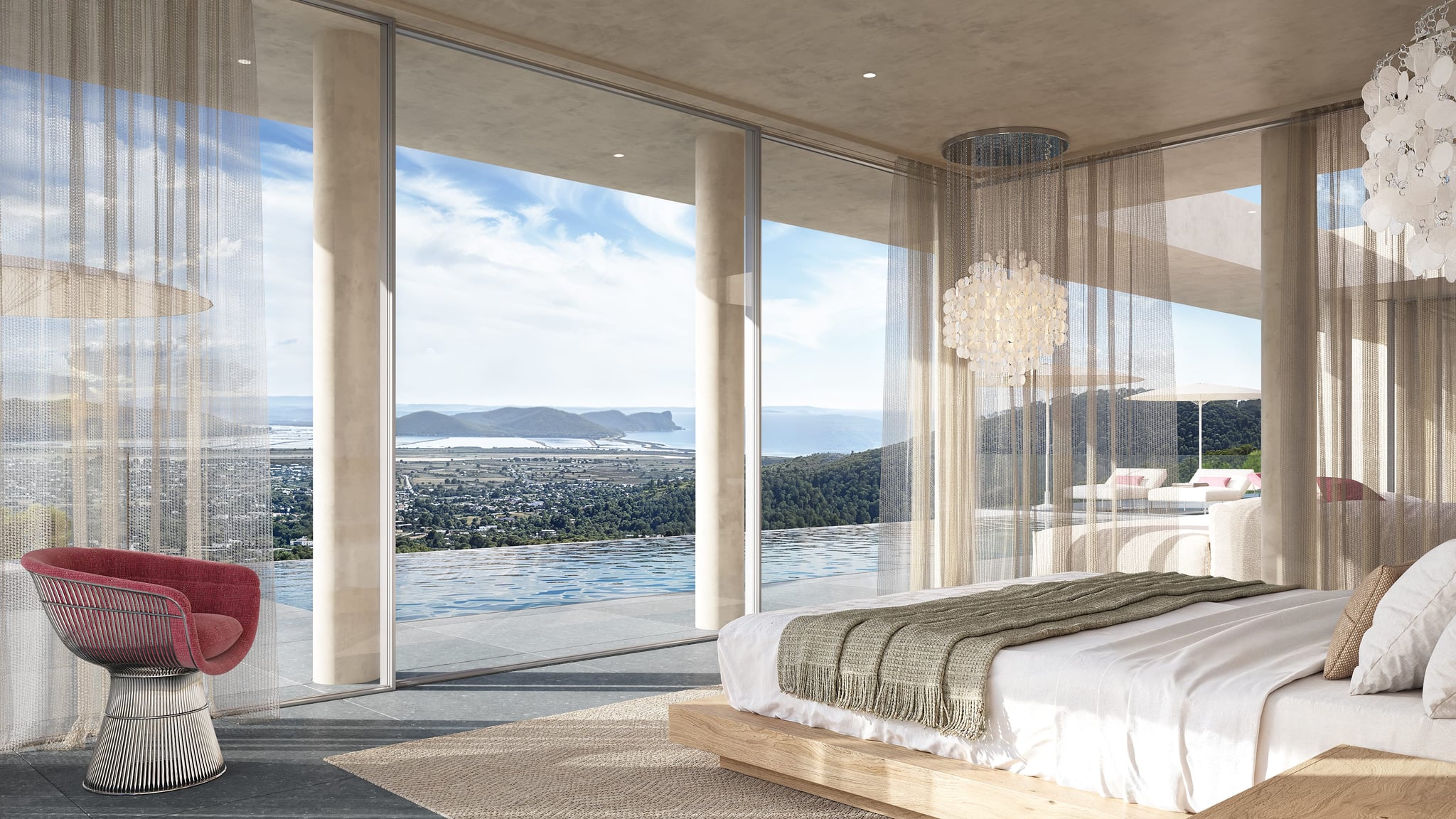 A photorealistic interior 3D visualization of the CanKoi villa's living space with elegant furnishings and panoramic views. A photorealistic interior 3D visualization of the CanKoi villa's living space with elegant furnishings and panoramic views.