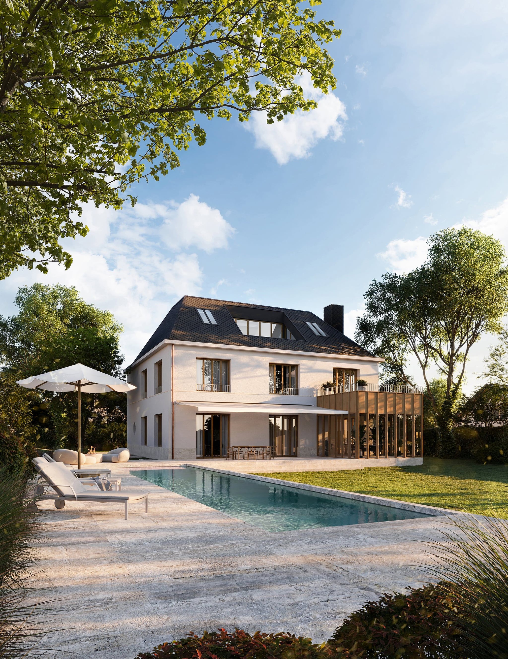 3D Architekturvisualisierung eines privaten, eleganten Hauses mit Pool und Fassadenvarianten 3D Architekturvisualisierung eines privaten, eleganten Hauses mit Pool und Fassadenvarianten