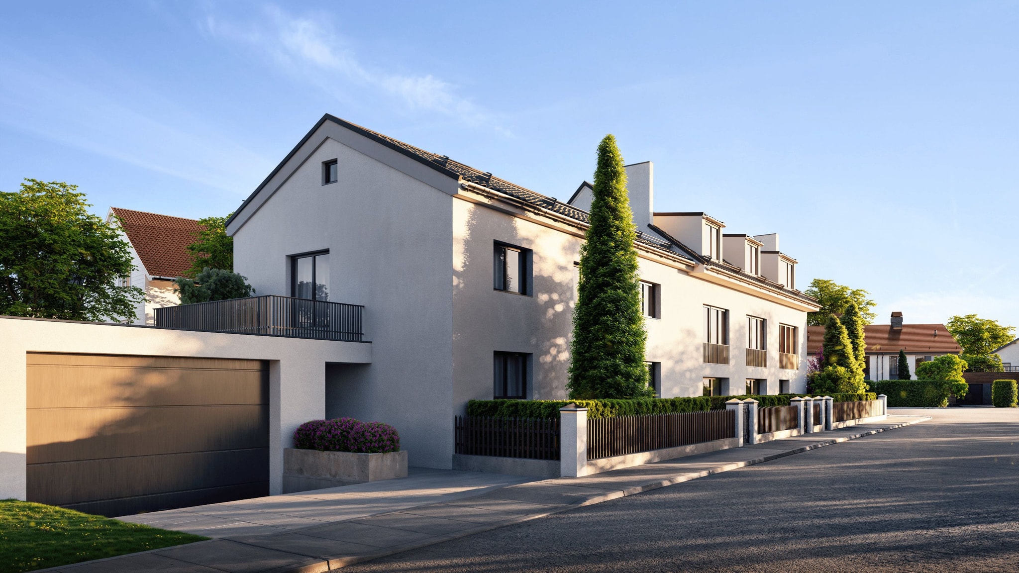 Exterior visualization of the Pembaursrasse project in Munich, showcasing modern residential architecture and green landscaping.