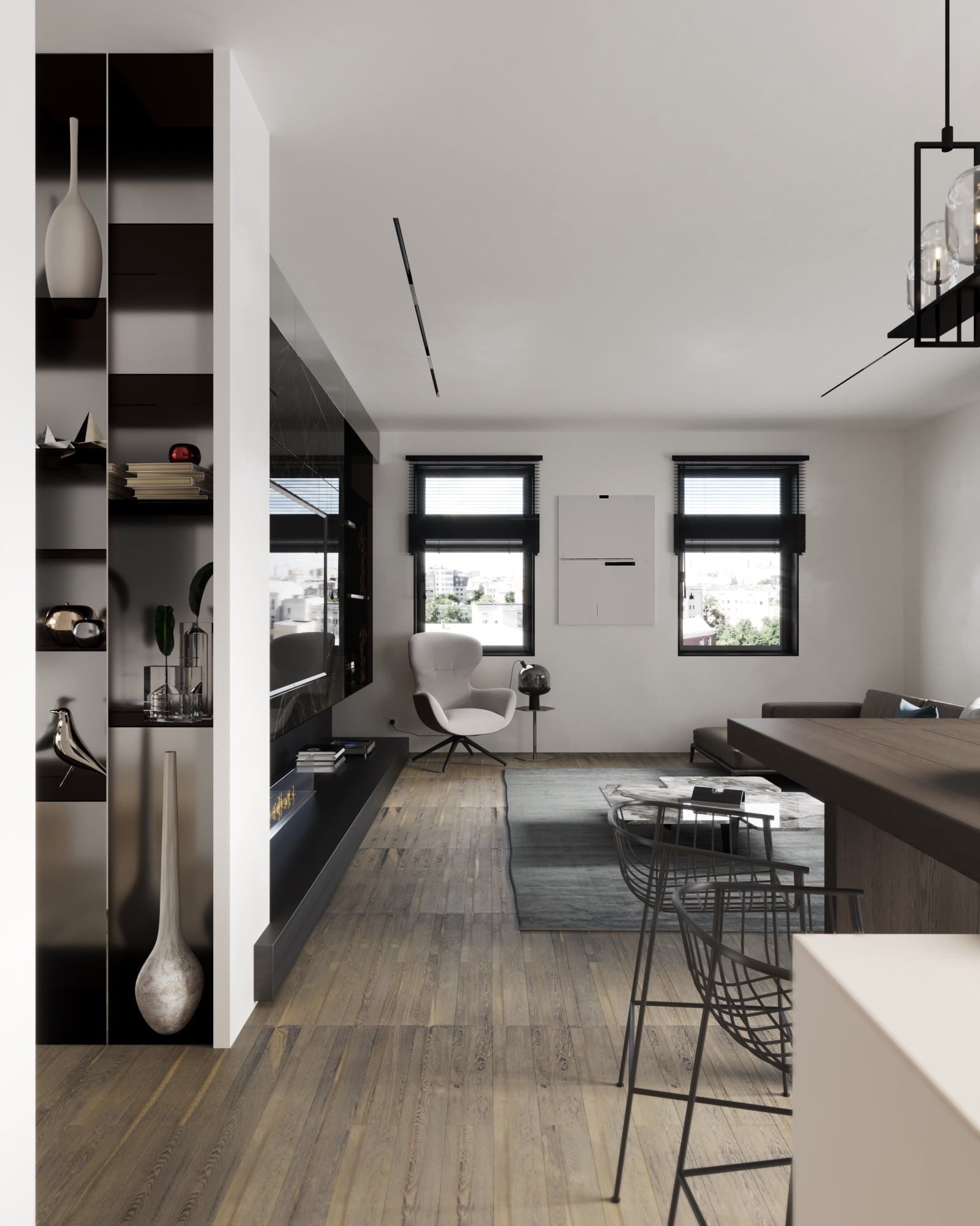 3D Interior Architectural visualization of living space in a minimalistic modern apartment in Berlin 3D Interior Architectural visualization of living space in a minimalistic modern apartment in Berlin