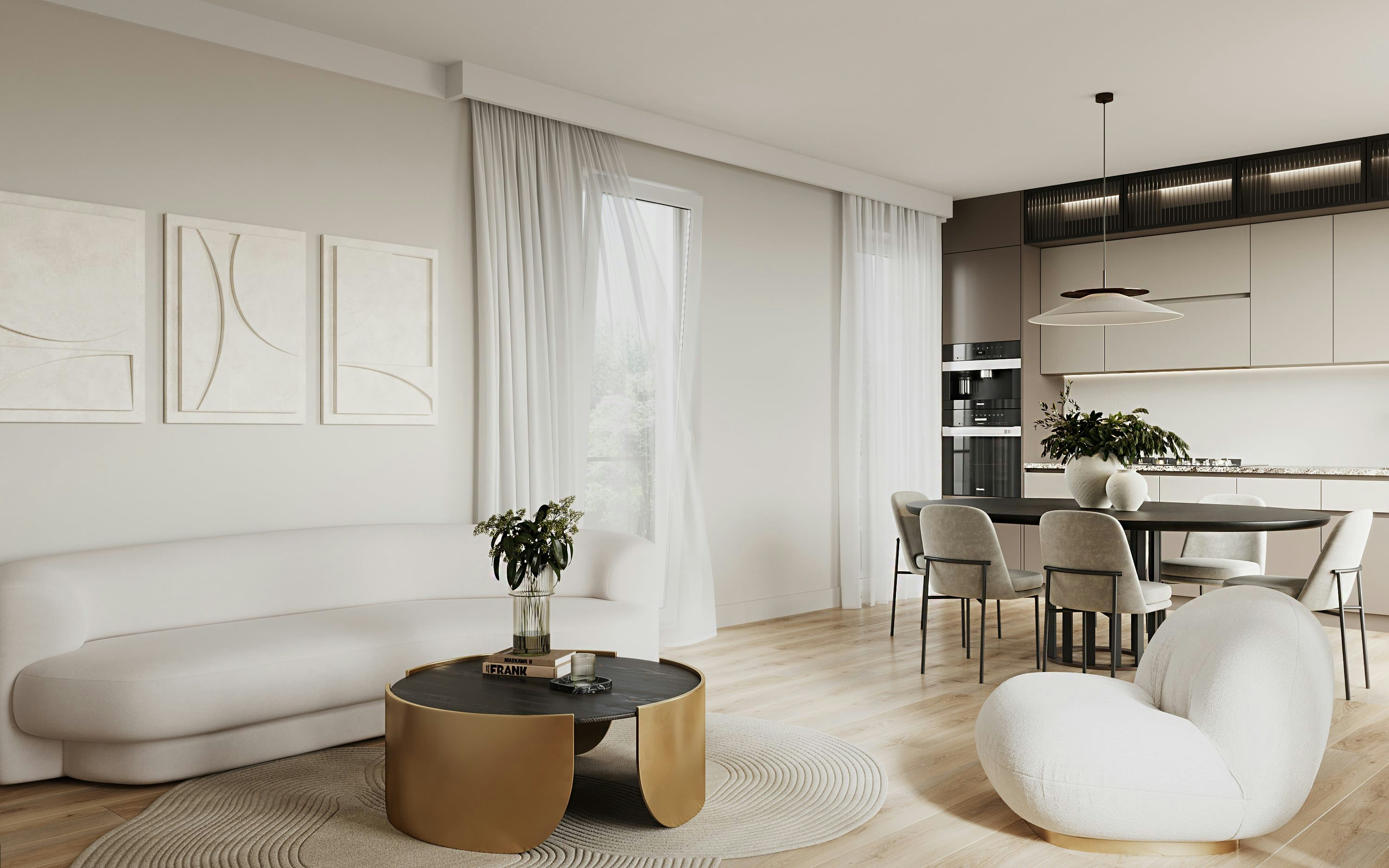 3D Architektur Innenvisualisierung Wohnzimmer mit Esszimmer und Küche Hamburg Deutschland