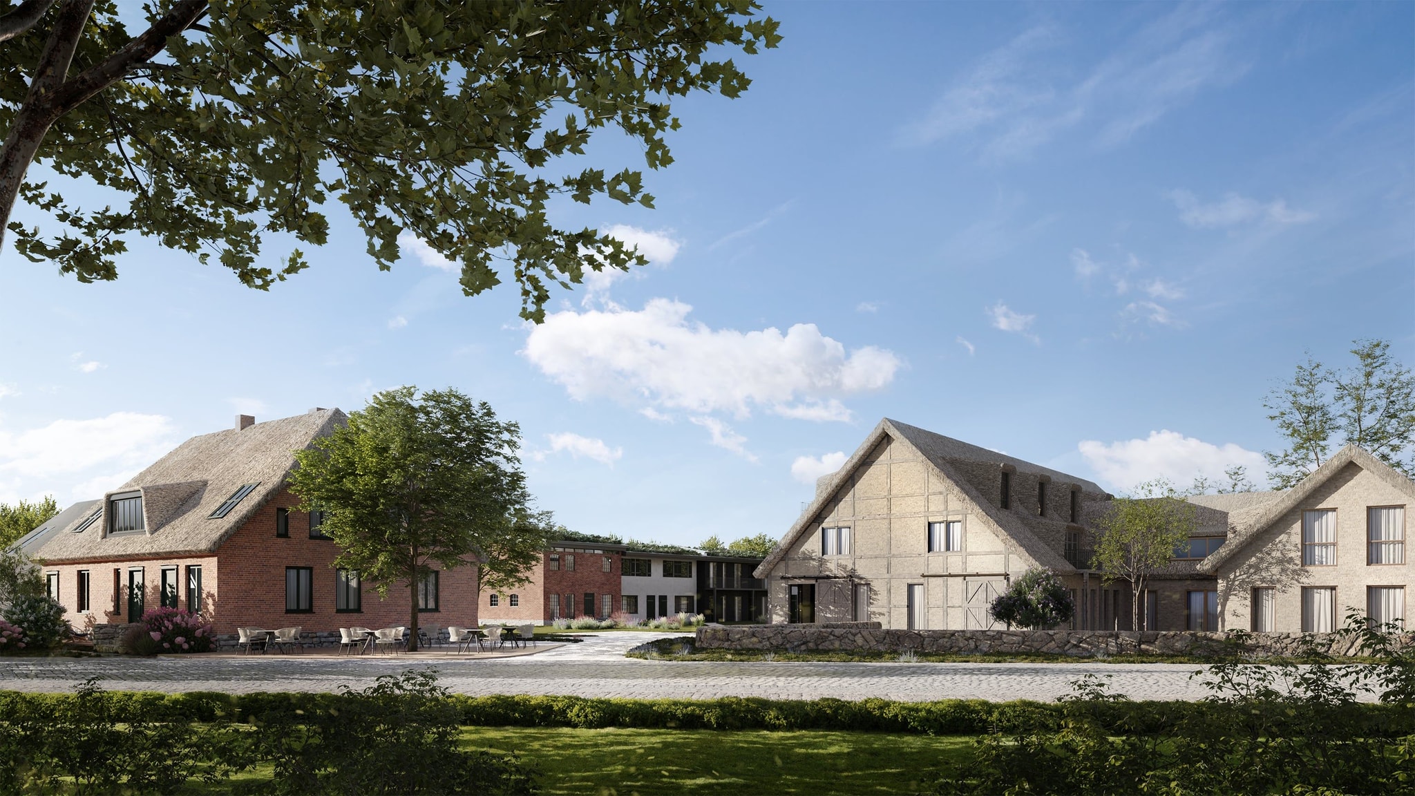 3D Außen Rendering von Öko Wohnungen mit Gemeinschaftsbereich auf Rügen, Deutschland