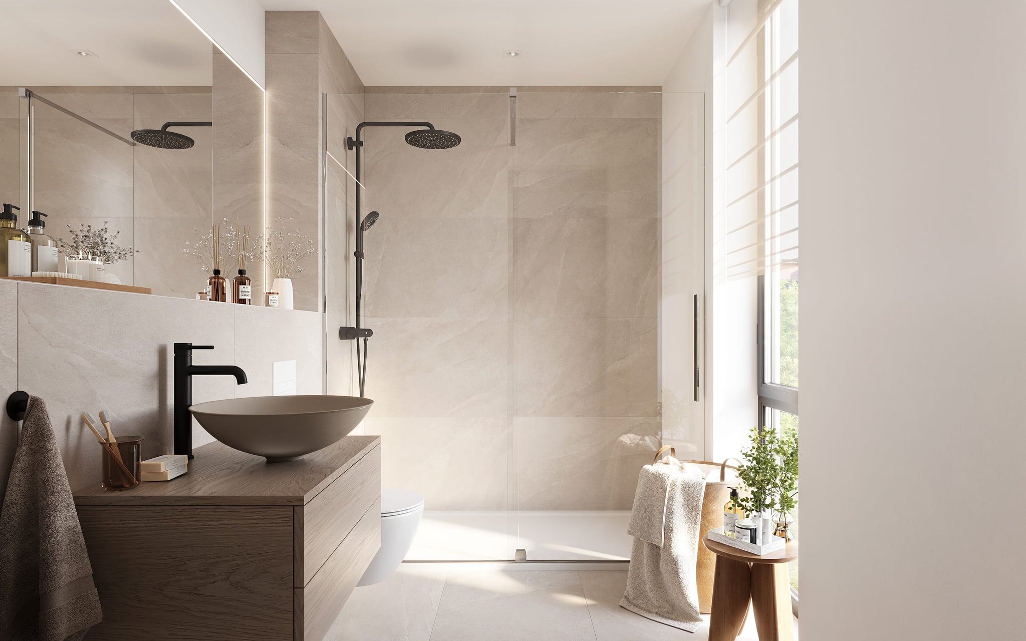 Fotorealistische Visualisierung des Badezimmers in Aventis Neuenhof mit hellen Steinoberflächen, moderner Walk-in-Dusche und natürlichem Licht. Fotorealistische Visualisierung des Badezimmers in Aventis Neuenhof mit hellen Steinoberflächen, moderner Walk-in-Dusche und natürlichem Licht.