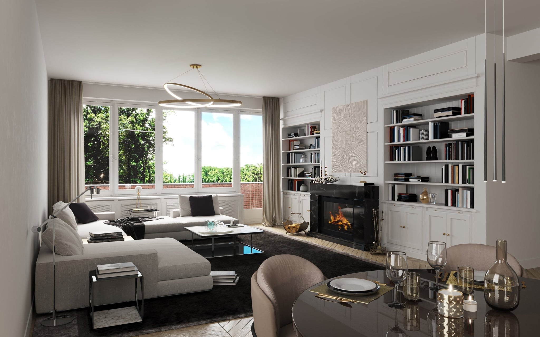 3D Visualisierung des Wohnzimmers mit Essbereich in einer renovierten Altbau Villa in Berlin Wannsee, Deutschland 3D Visualisierung des Wohnzimmers mit Essbereich in einer renovierten Altbau Villa in Berlin Wannsee, Deutschland
