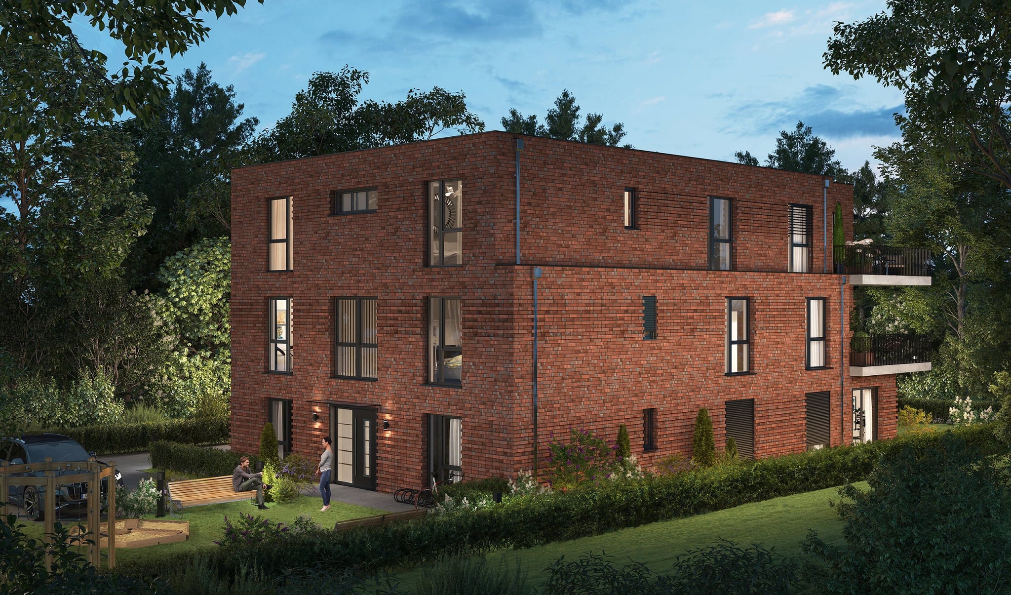 3D Architektur Außenvisualisierung eines Mehrfamilienhauses mit Privatgarten und Kinderspielplatz, Hamburg, Deutschland 3D Architektur Außenvisualisierung eines Mehrfamilienhauses mit Privatgarten und Kinderspielplatz, Hamburg, Deutschland
