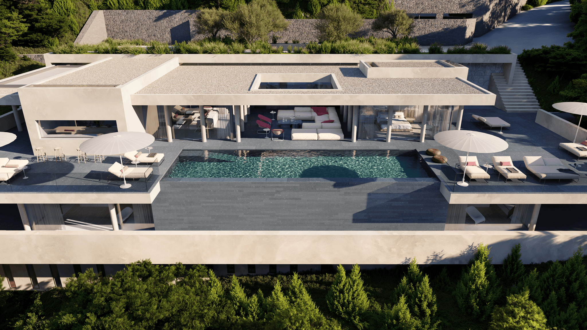 A photorealistic 3D exterior visualization of the CanKoi luxury villa showcasing modern terraces and lush surroundings. A photorealistic 3D exterior visualization of the CanKoi luxury villa showcasing modern terraces and lush surroundings.