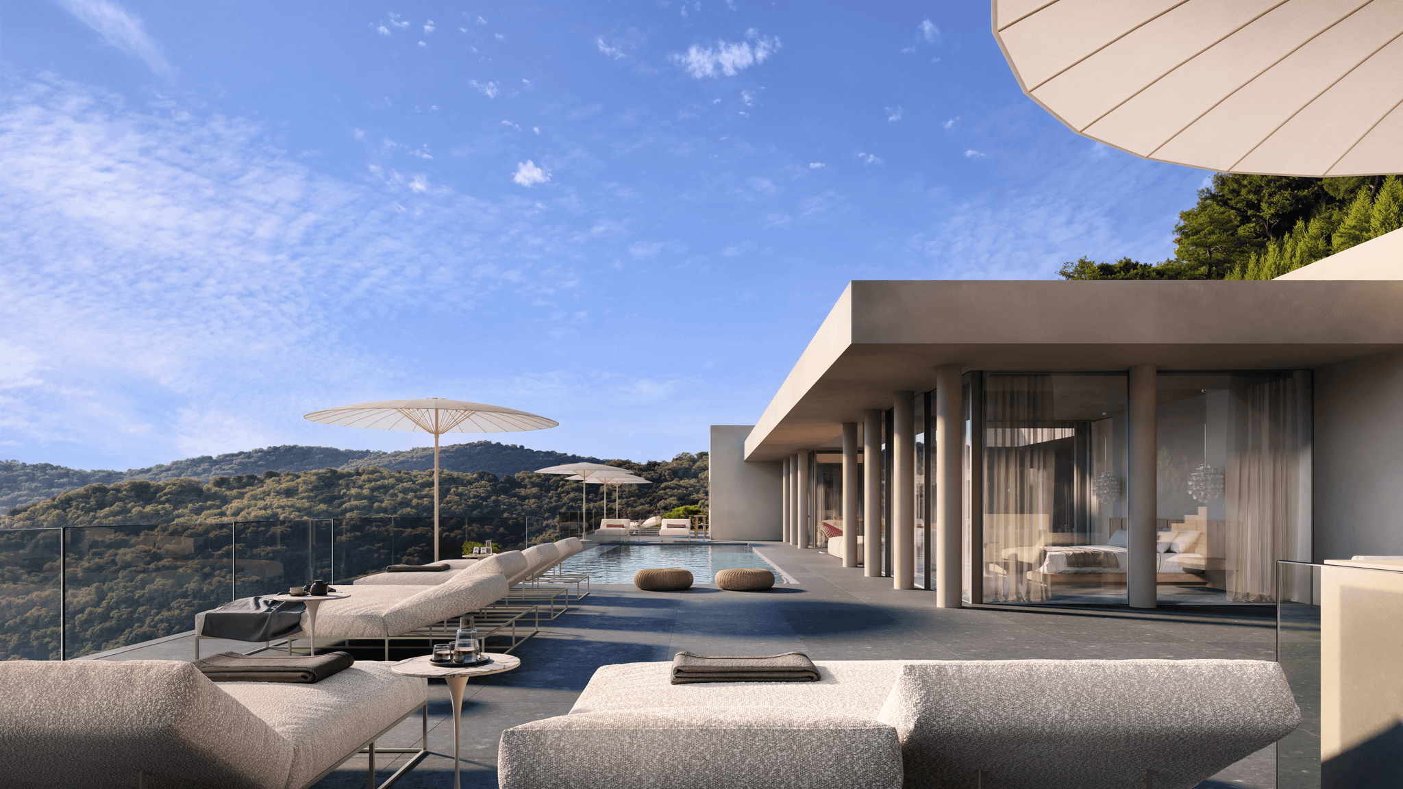 A photorealistic 3D exterior visualization of the Can Koi luxury villa showcasing modern terraces and lush surroundings. A photorealistic 3D exterior visualization of the Can Koi luxury villa showcasing modern terraces and lush surroundings.