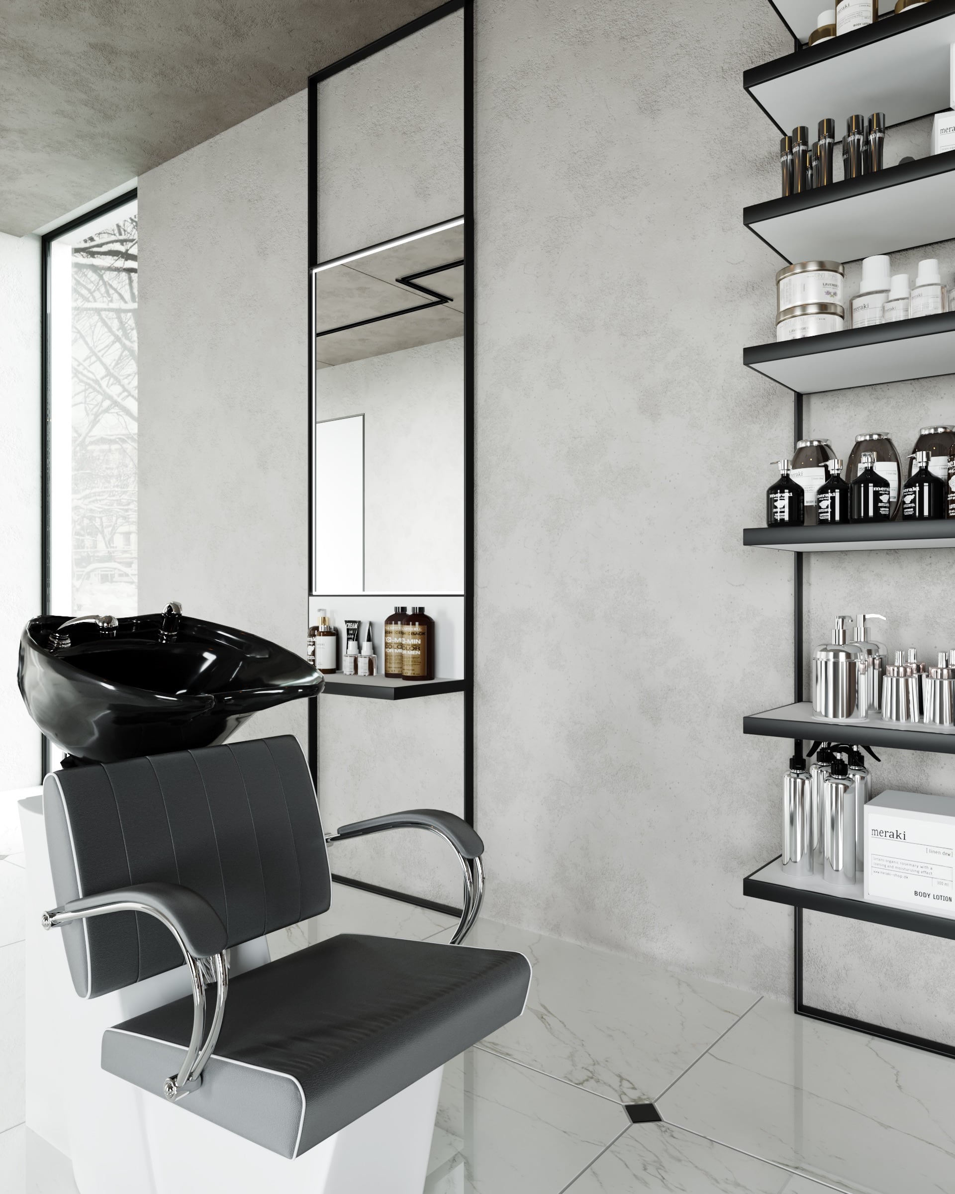Concept 3D architectural interior visualization of the barbershop in business property Concept 3D architectural interior visualization of the barbershop in business property