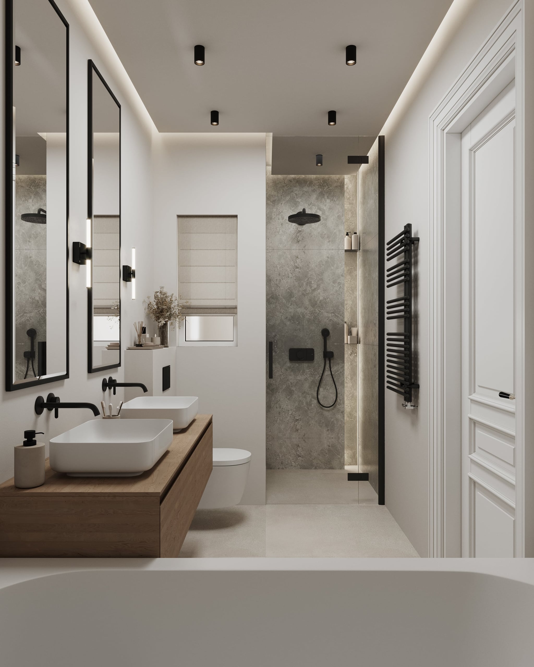 3D Interior Visualization of renovation of bathroom with bath and shower in old building apartment, Hamburg Germany 3D Interior Visualization of renovation of bathroom with bath and shower in old building apartment, Hamburg Germany