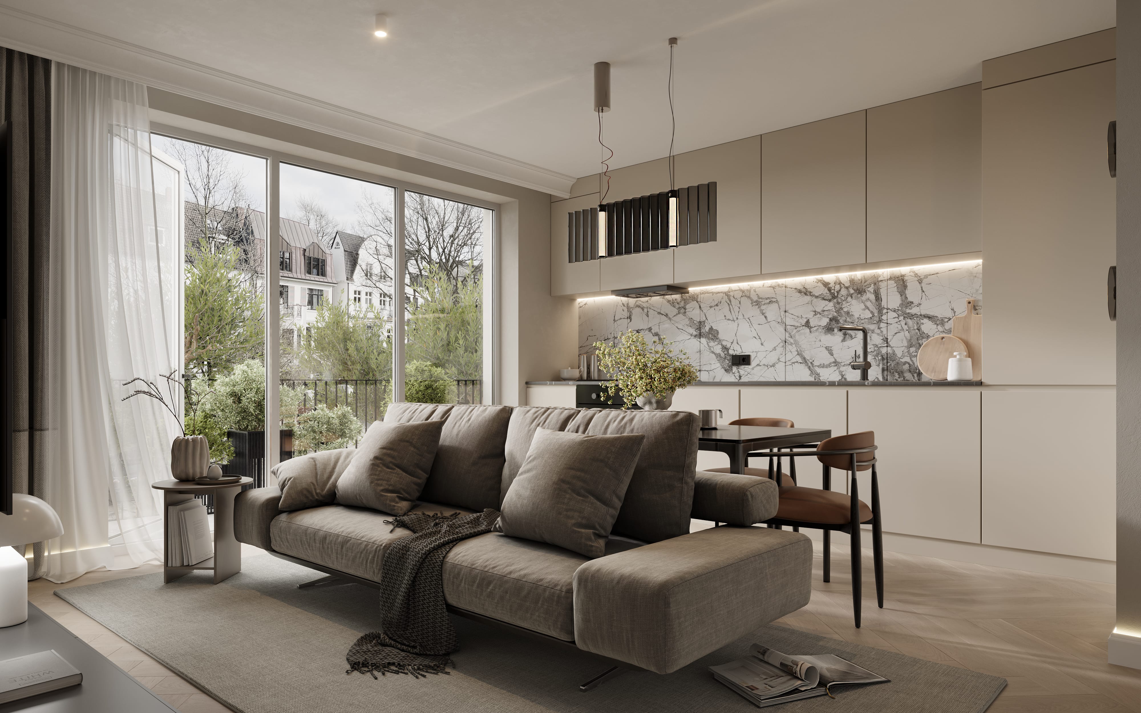 Innenvisualisierung des schicken Wohnzimmers im Brahmsallee Projekt, modernes Design mit stilvollen Möbeln. Innenvisualisierung des schicken Wohnzimmers im Brahmsallee Projekt, modernes Design mit stilvollen Möbeln.