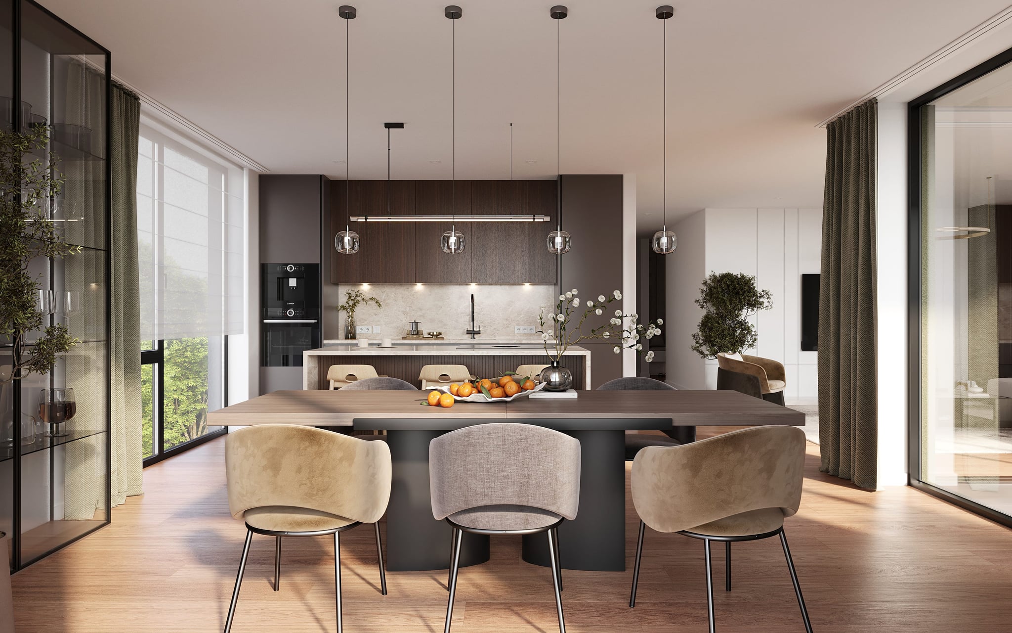 3D Visualisierung der offenen Küche mit Essbereich, modernen Oberflächen, warmen Materialien und viel Tageslicht. 3D Visualisierung der offenen Küche mit Essbereich, modernen Oberflächen, warmen Materialien und viel Tageslicht.