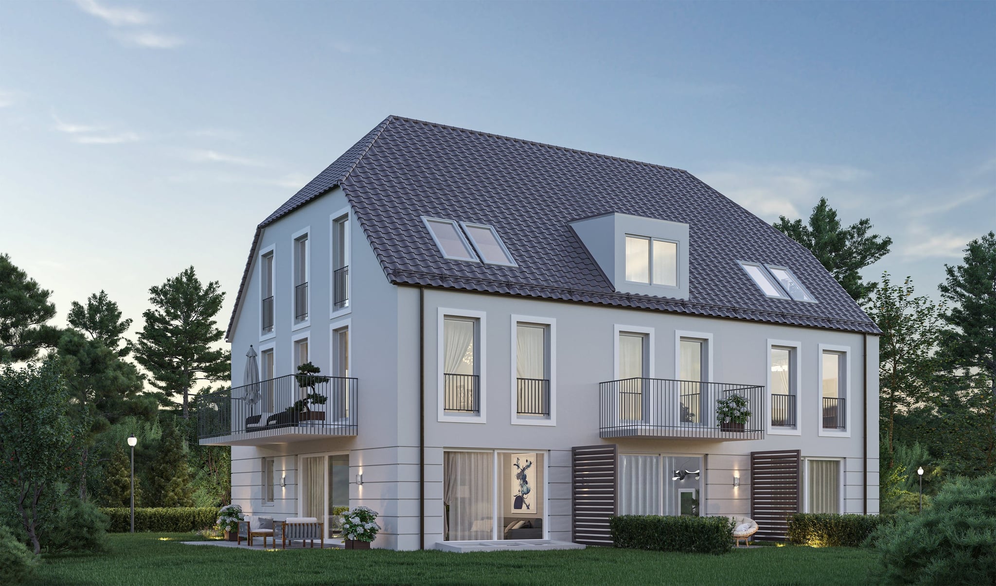 3D Visualisierung eines Mehrfamilienhauses mit Terrassen im Raum München, Deutschland 3D Visualisierung eines Mehrfamilienhauses mit Terrassen im Raum München, Deutschland