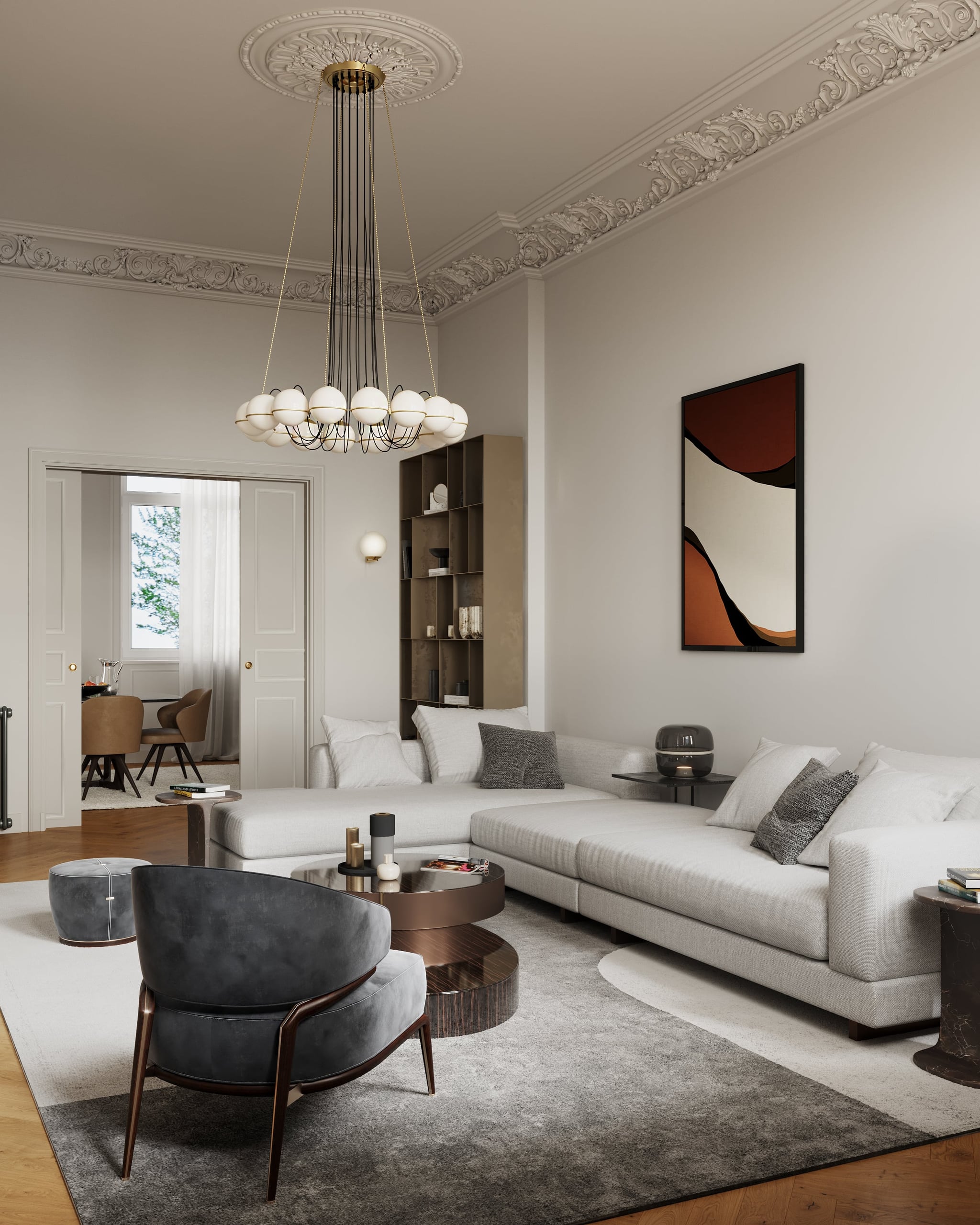 3D architectural Interior Visualization of the living room with dining room view in renovated historical apartment in Fliederstrasse, Hamburg 3D architectural Interior Visualization of the living room with dining room view in renovated historical apartment in Fliederstrasse, Hamburg