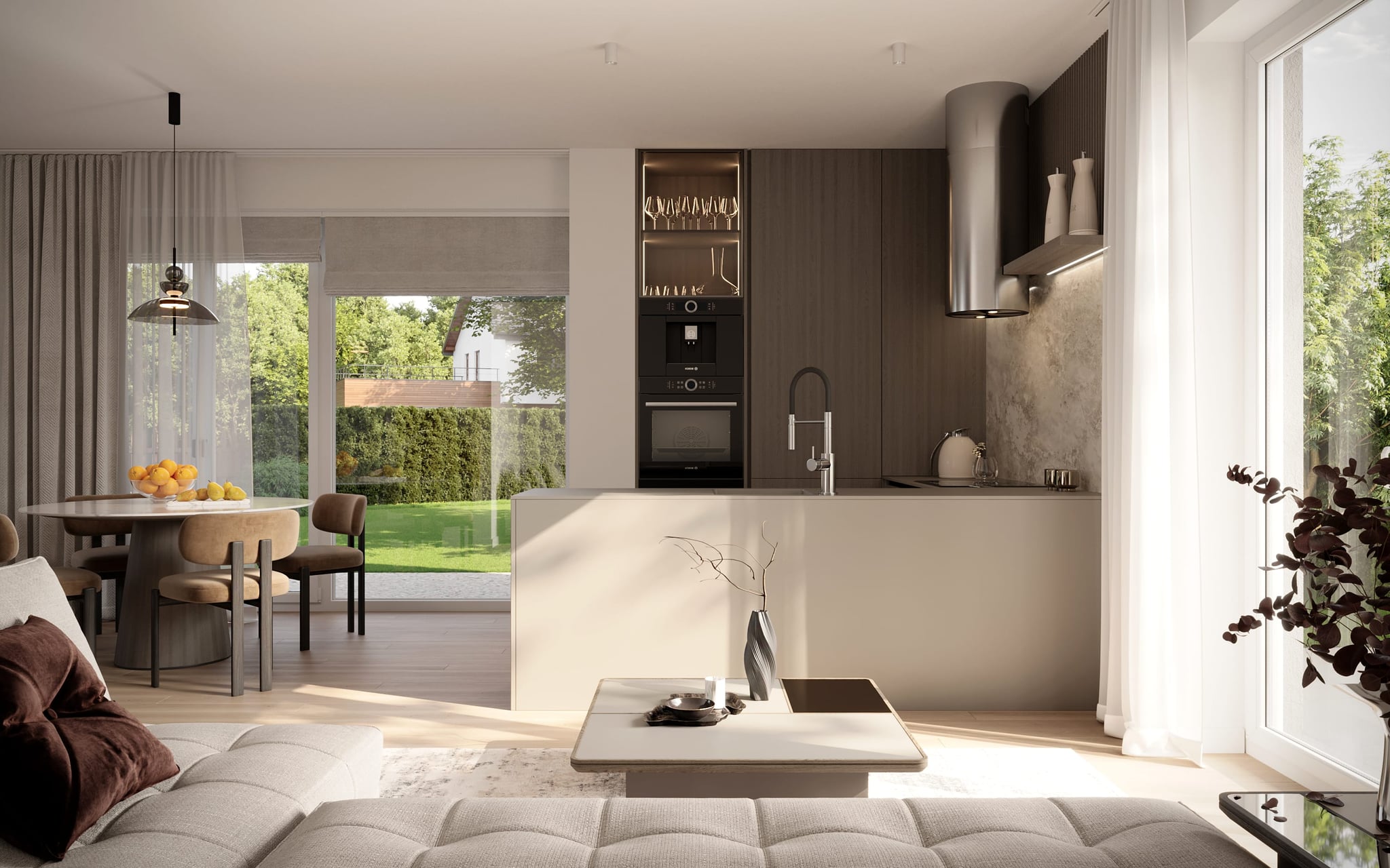 Interior visualization of the kitchen and living area in the Pembaursrasse project, featuring an open-plan design and modern finishes. Interior visualization of the kitchen and living area in the Pembaursrasse project, featuring an open-plan design and modern finishes.