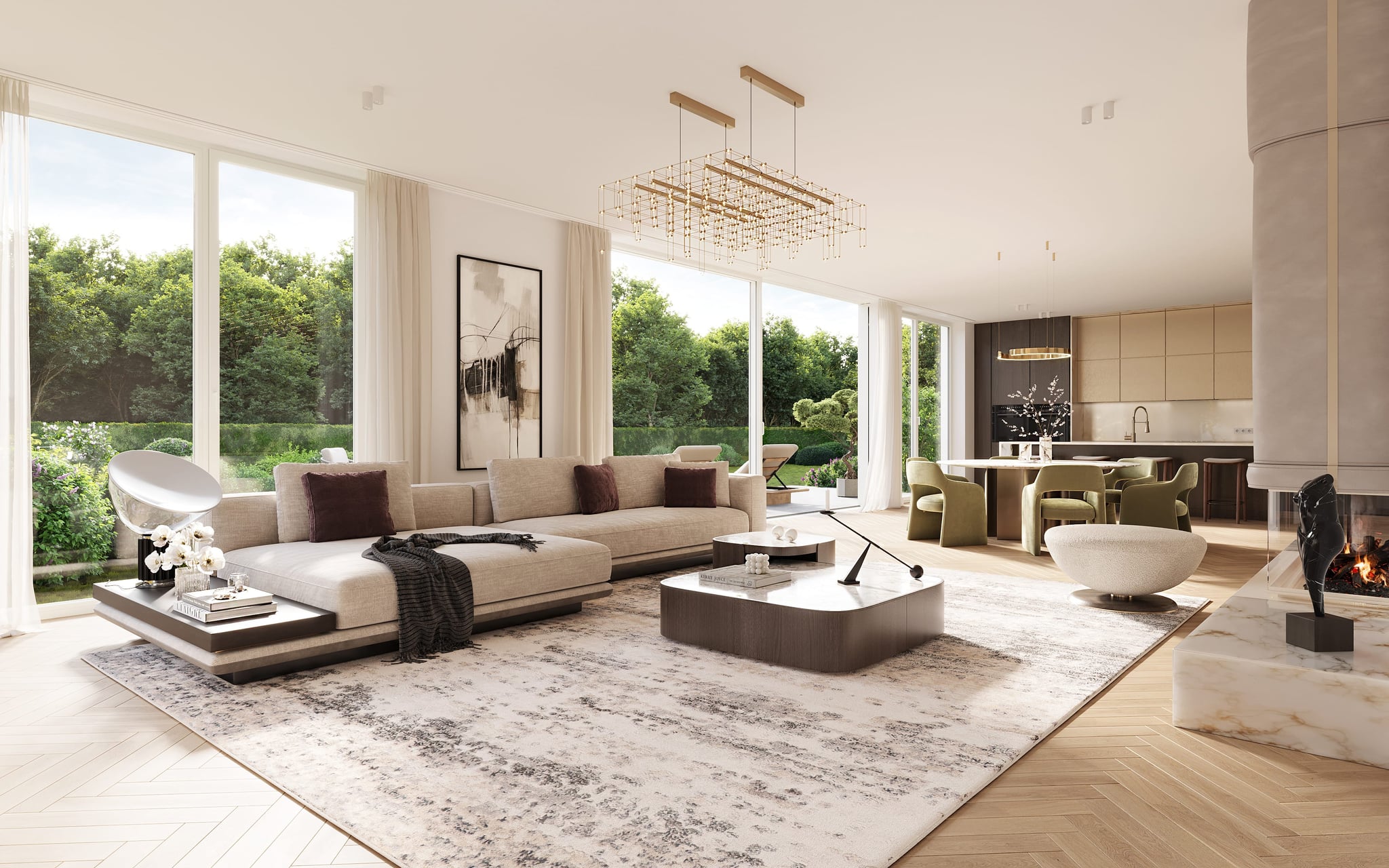 Großzügiger Wohn-Essbereich mit Kamin, hellem Teppich und Blick auf die Terrasse. Großzügiger Wohn-Essbereich mit Kamin, hellem Teppich und Blick auf die Terrasse.