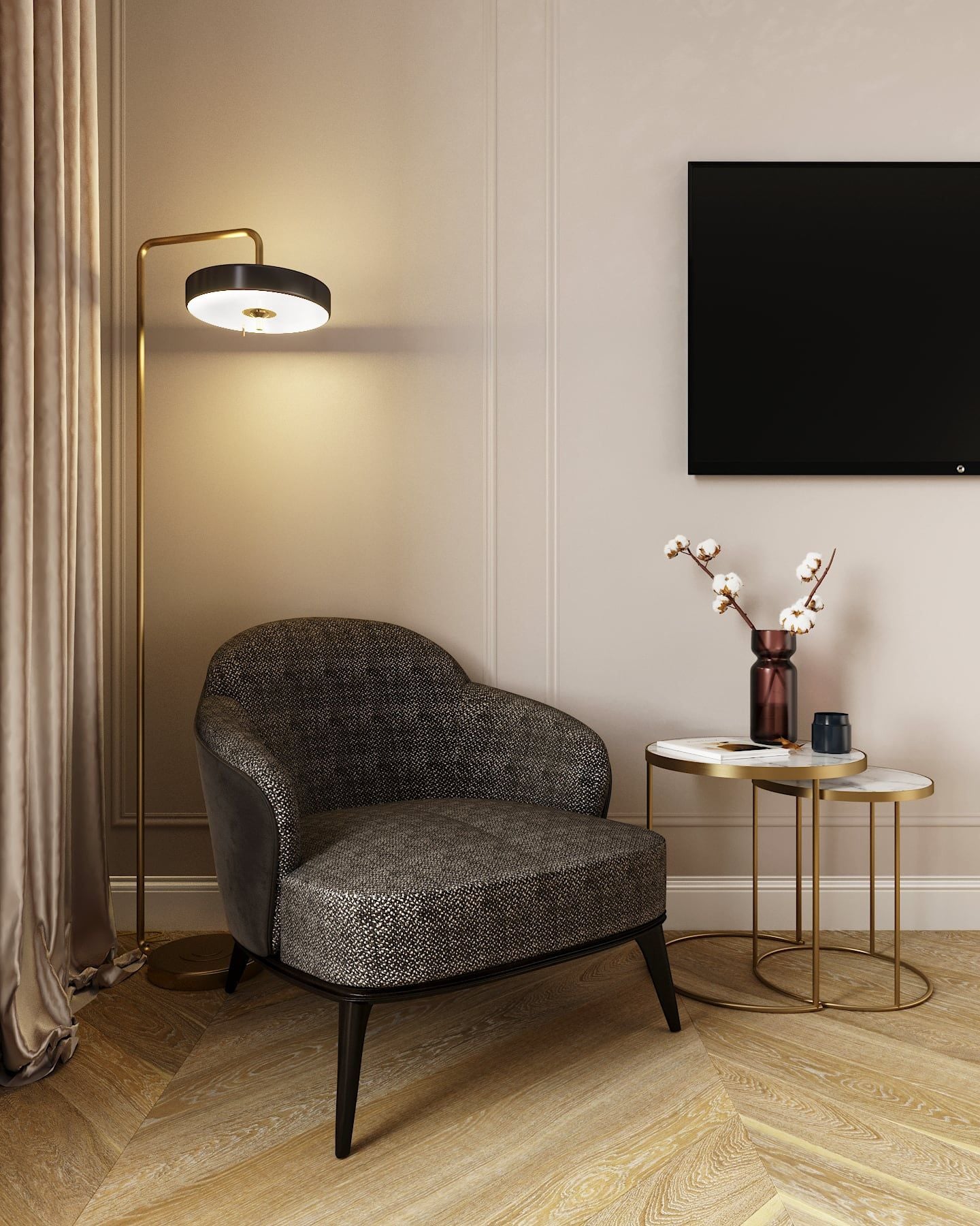 3D Architektur Innenvisualisierung des Freizeitbereichs im Hauptschlafzimmer der Altbau Luxuswohnung in Hamburg, Deutschland 3D Architektur Innenvisualisierung des Freizeitbereichs im Hauptschlafzimmer der Altbau Luxuswohnung in Hamburg, Deutschland