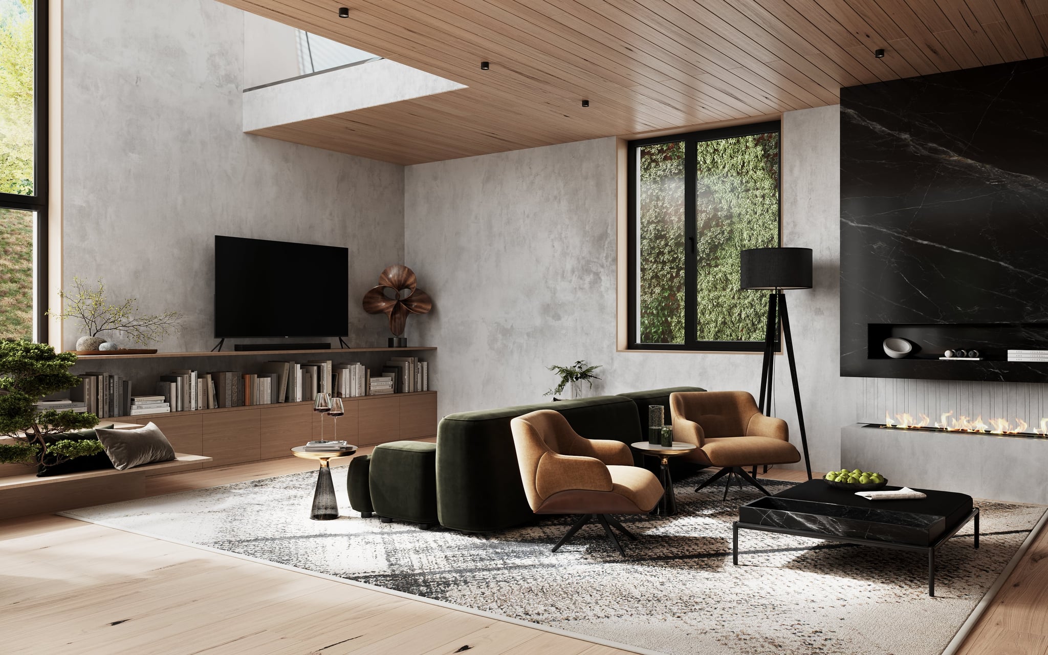 3D architectural visualization of Living room with fireplace in one family house Berlin, Germnay 3D architectural visualization of Living room with fireplace in one family house Berlin, Germnay