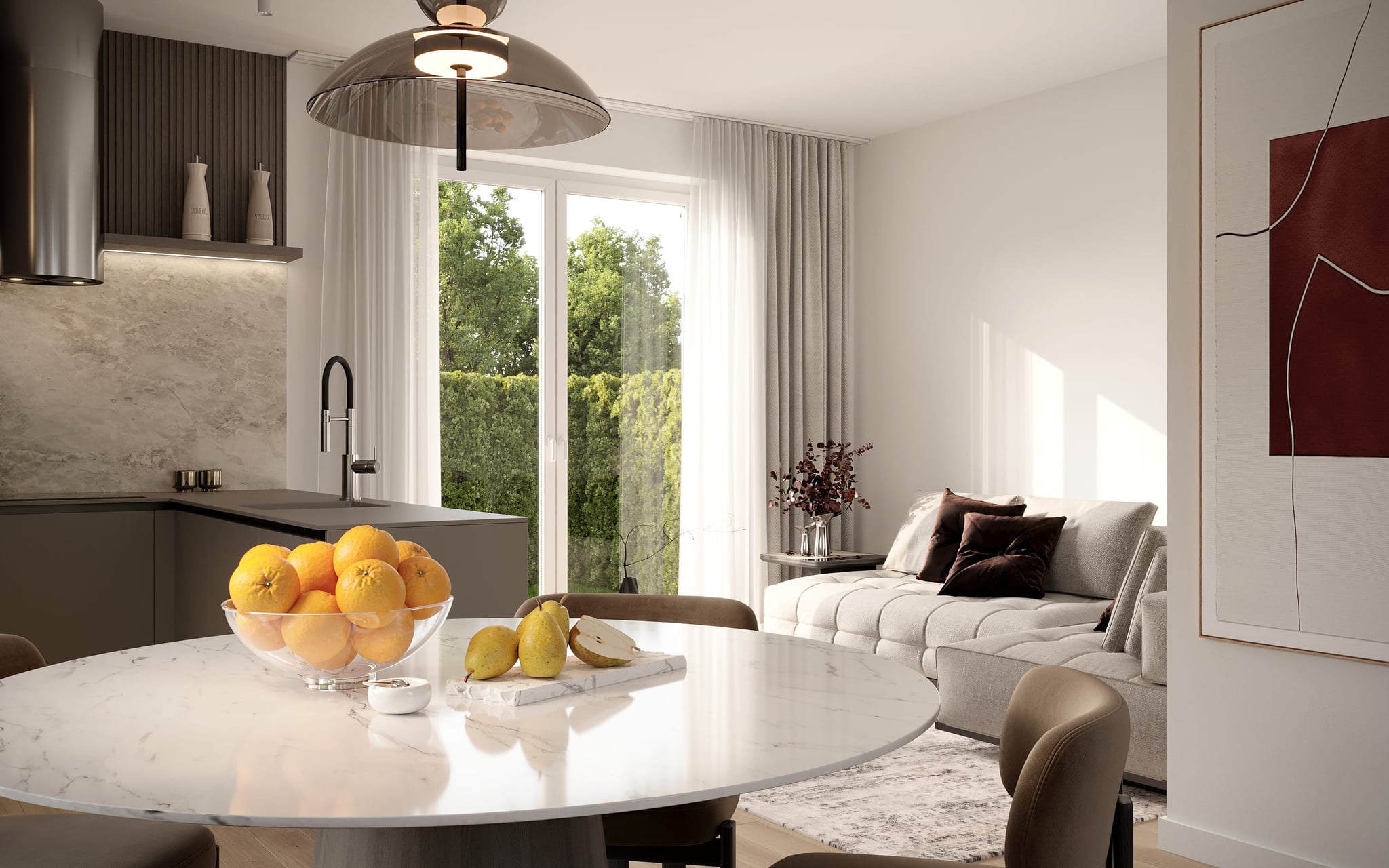 Interior visualization of the dining area, highlighting natural light and a contemporary design. Interior visualization of the dining area, highlighting natural light and a contemporary design.